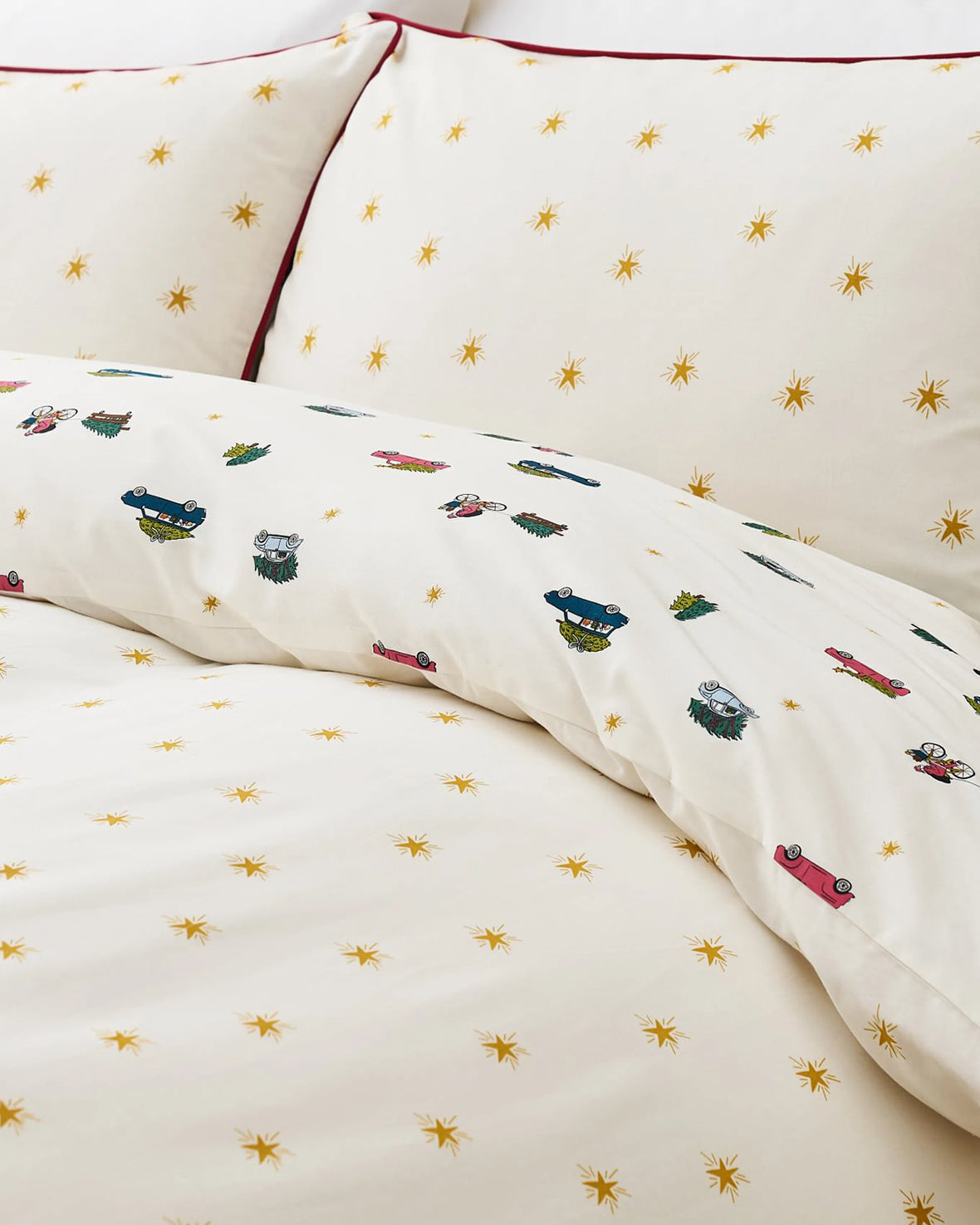 Cotton Christmas Tree Car Print Reversible Bedding Set