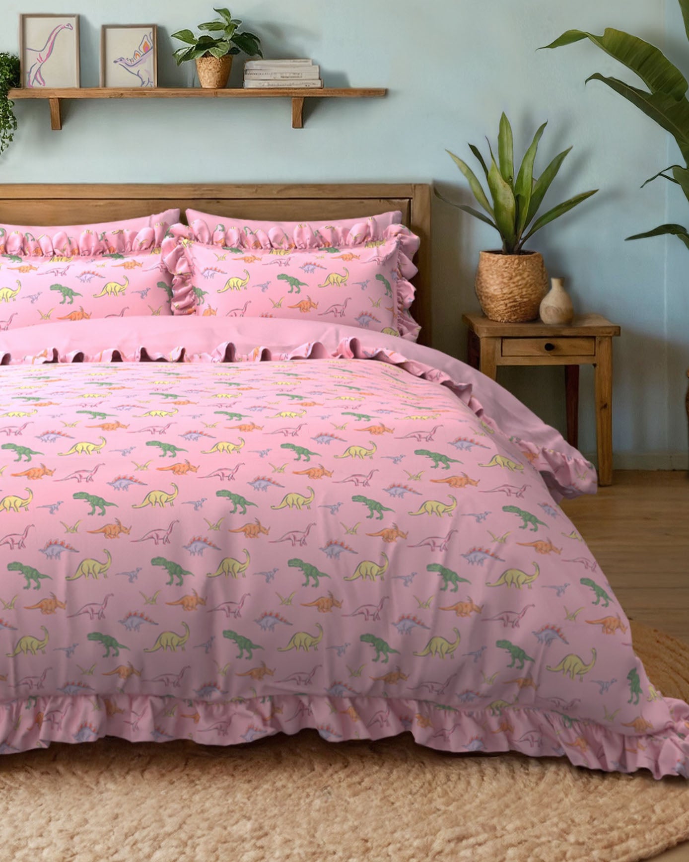 Cotton Dinosaur Print Reversible Frill Bedding Set
