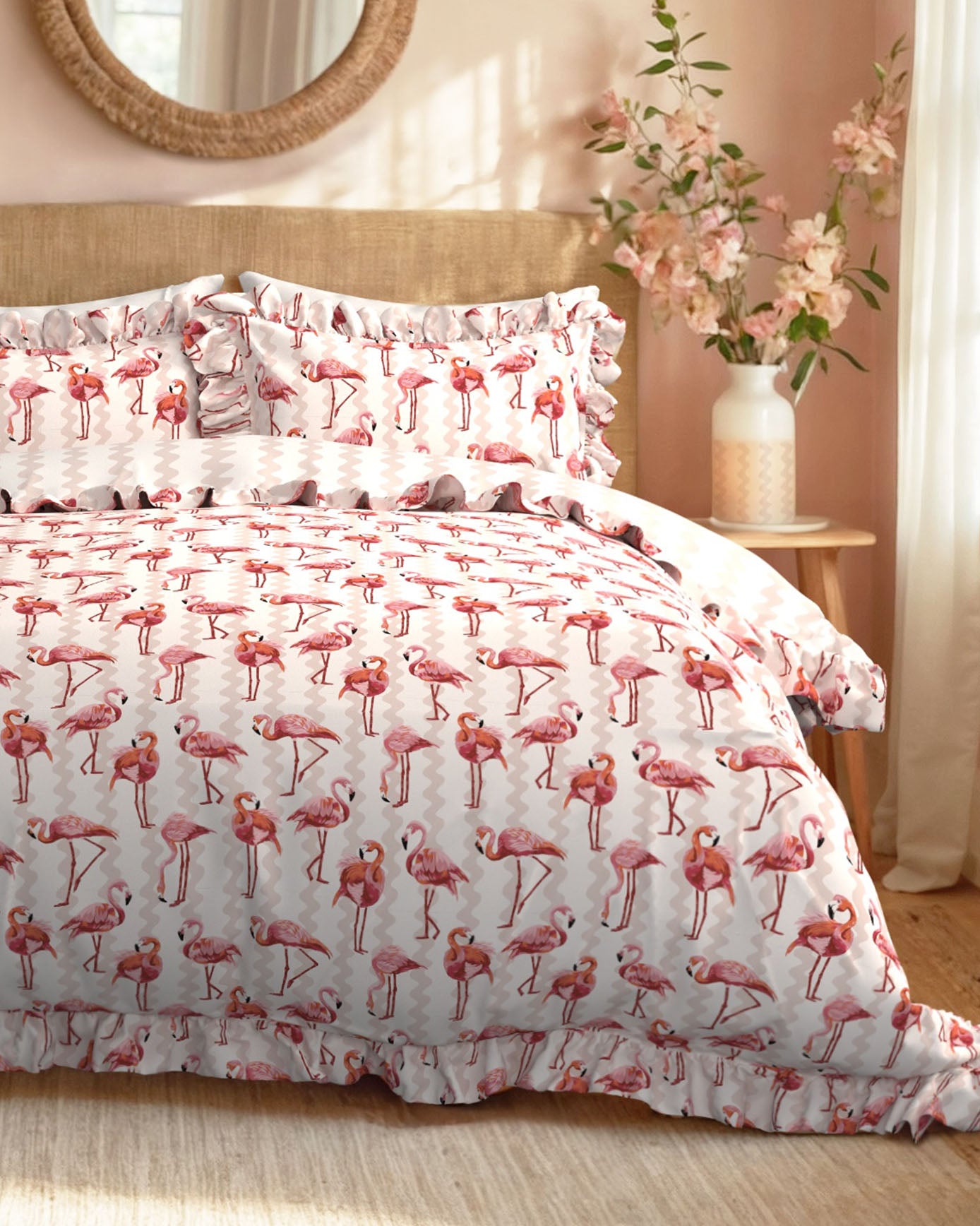 Cotton Flamingo Stripe Print Reversible Frill Bedding Set