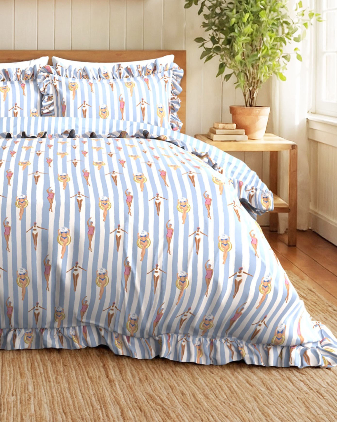 Cotton Swimming Society / Stripe Print Reversible Frill Bedding Set