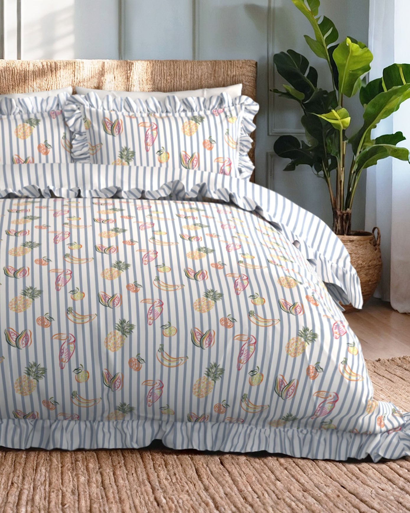 Cotton Fruit Fiesta Print Reversible Frill Bedding Set