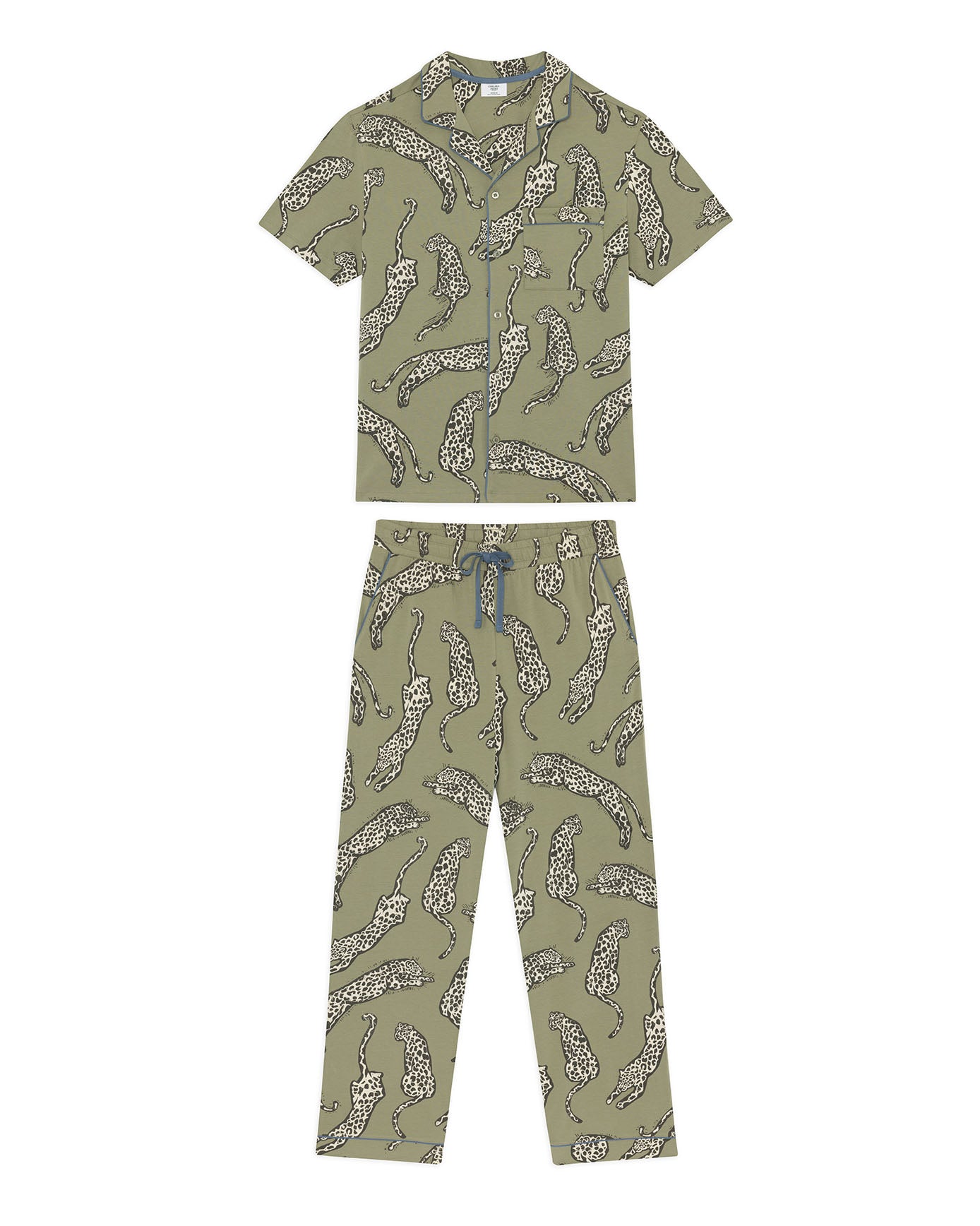 Organic Cotton Lino Cut Leopard Print Long Pyjama Set - Khaki
