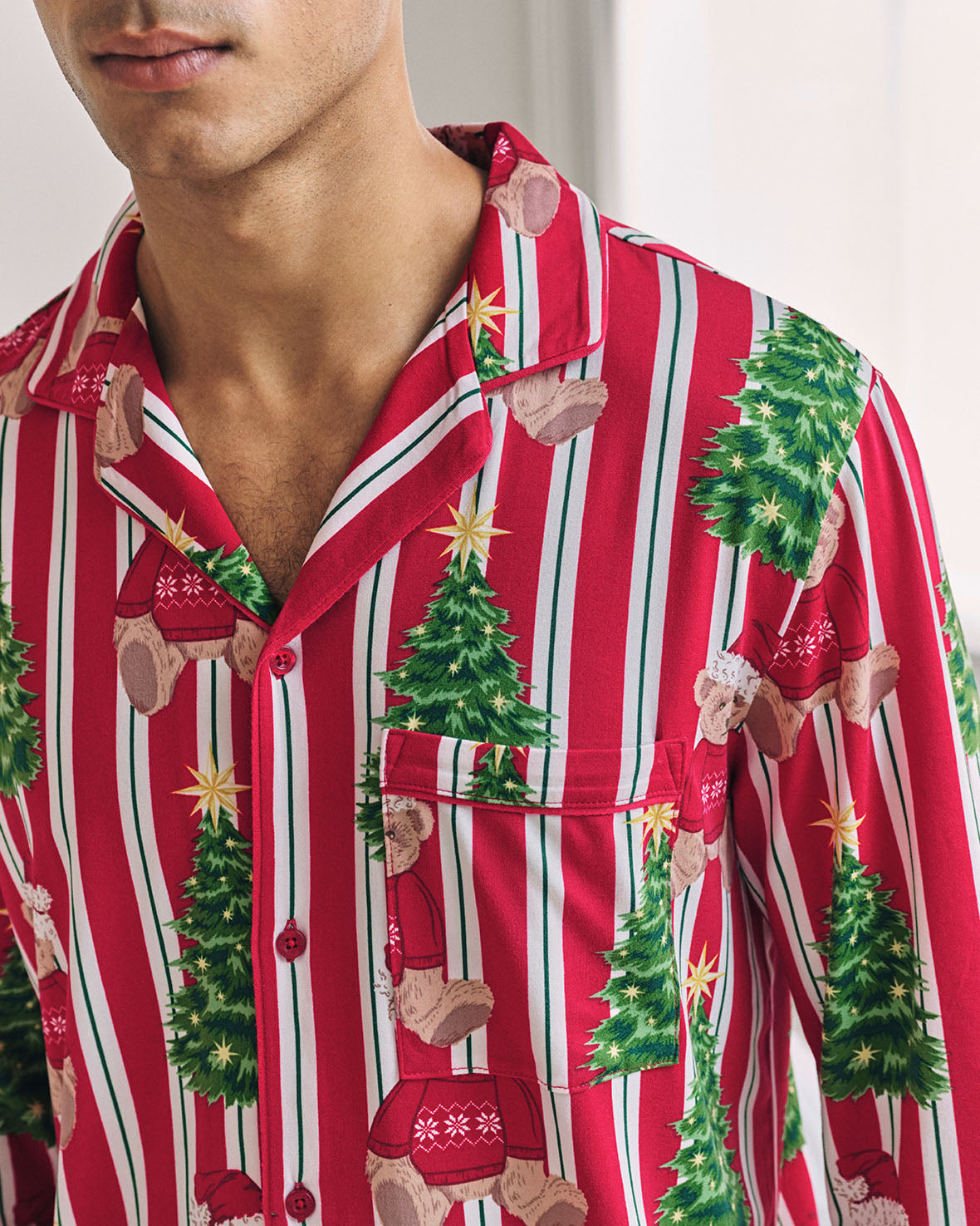 Christmas Teddy Bear Stripe Print Long Pyjama Set