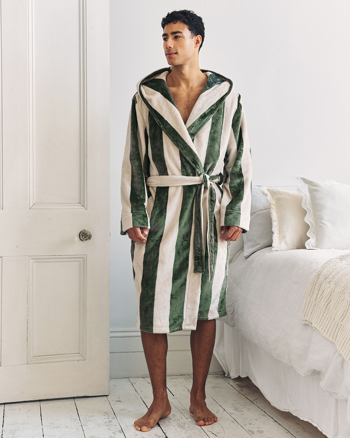 Fleece Stripe Hooded Dressing Gown