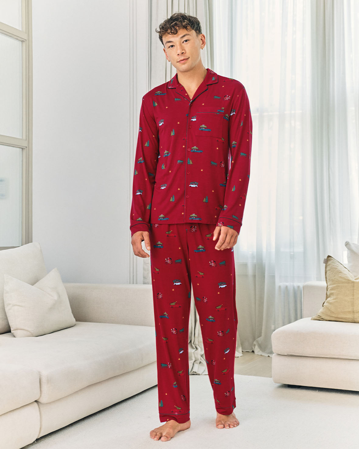 TENCEL Modal Christmas Tree Car Print Long Button Up Pyjama Set tencel-modal-christmas-tree-car-print-long-button-up-pyjama-set