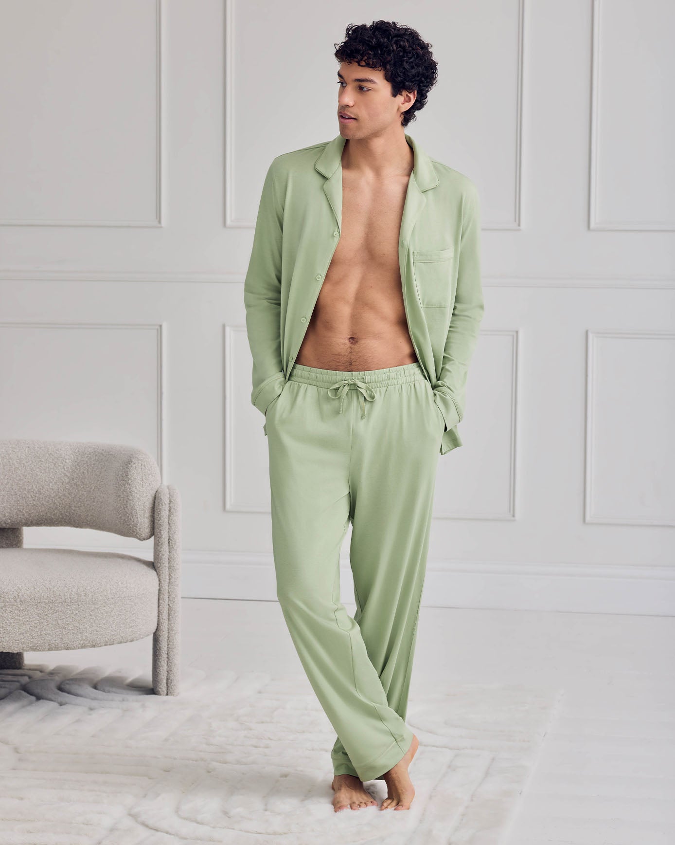 Cotton Button Up Long Pyjama Set - Green