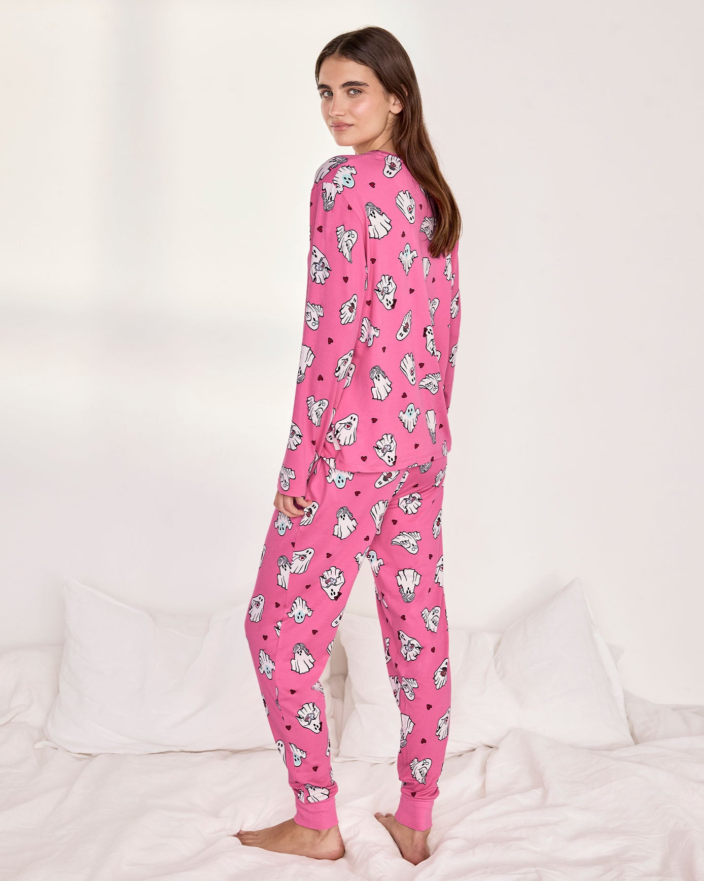 Halloween Ghost Print Long Pyjama Set - Pink