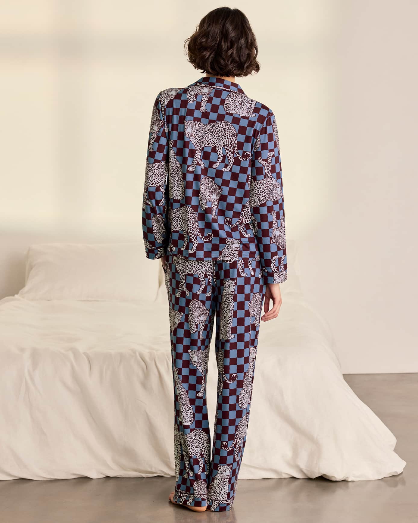 Midnight Checkerboard Leopard Print Long Pyjama Set