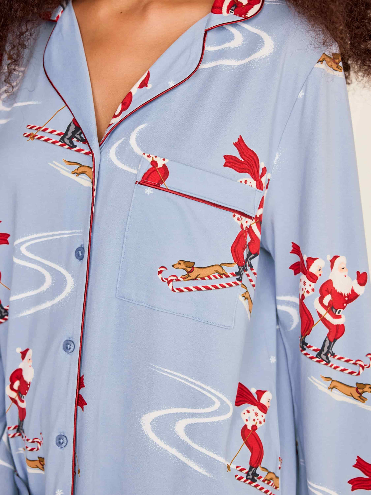 Skiing Santa Print Button Up Long Pyjama Set