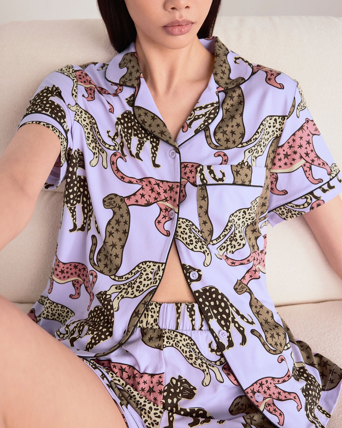 Starry Leopard Print Button Up Short Pyjama Set