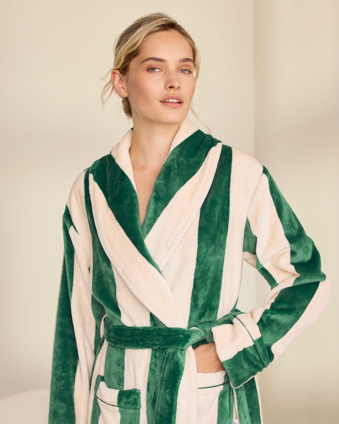 Fleece Stripe Long Dressing Gown - Dark Green