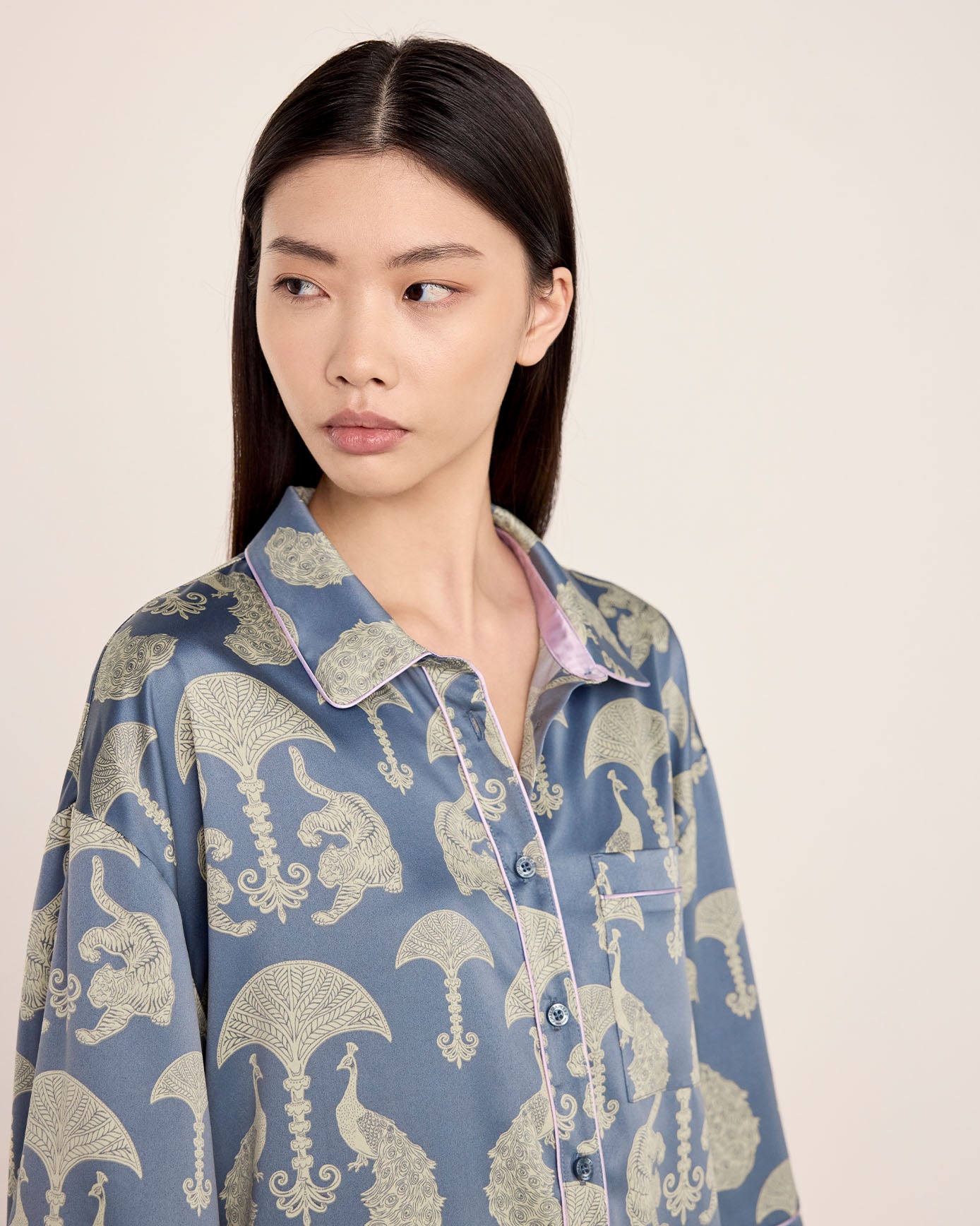 Satin Tigers & Peacocks Print Long Pyjama Set