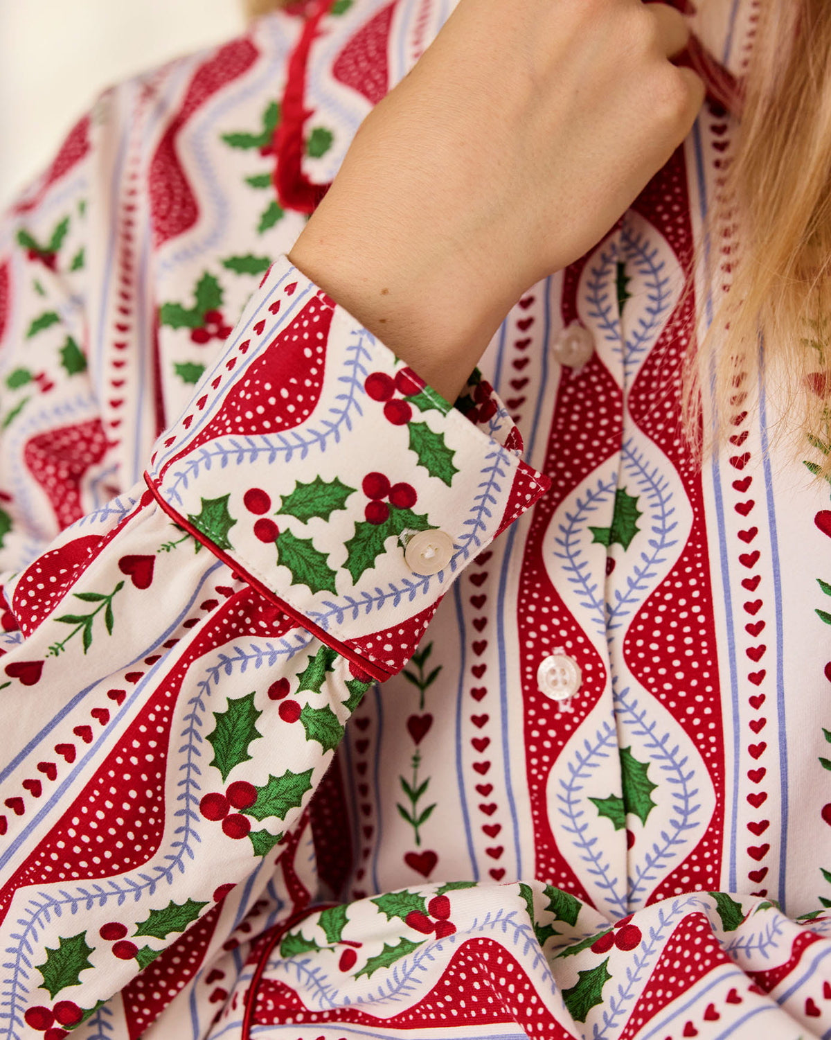 Tall Organic Cotton Garland Holly Stripe Print Long Pyjama Set