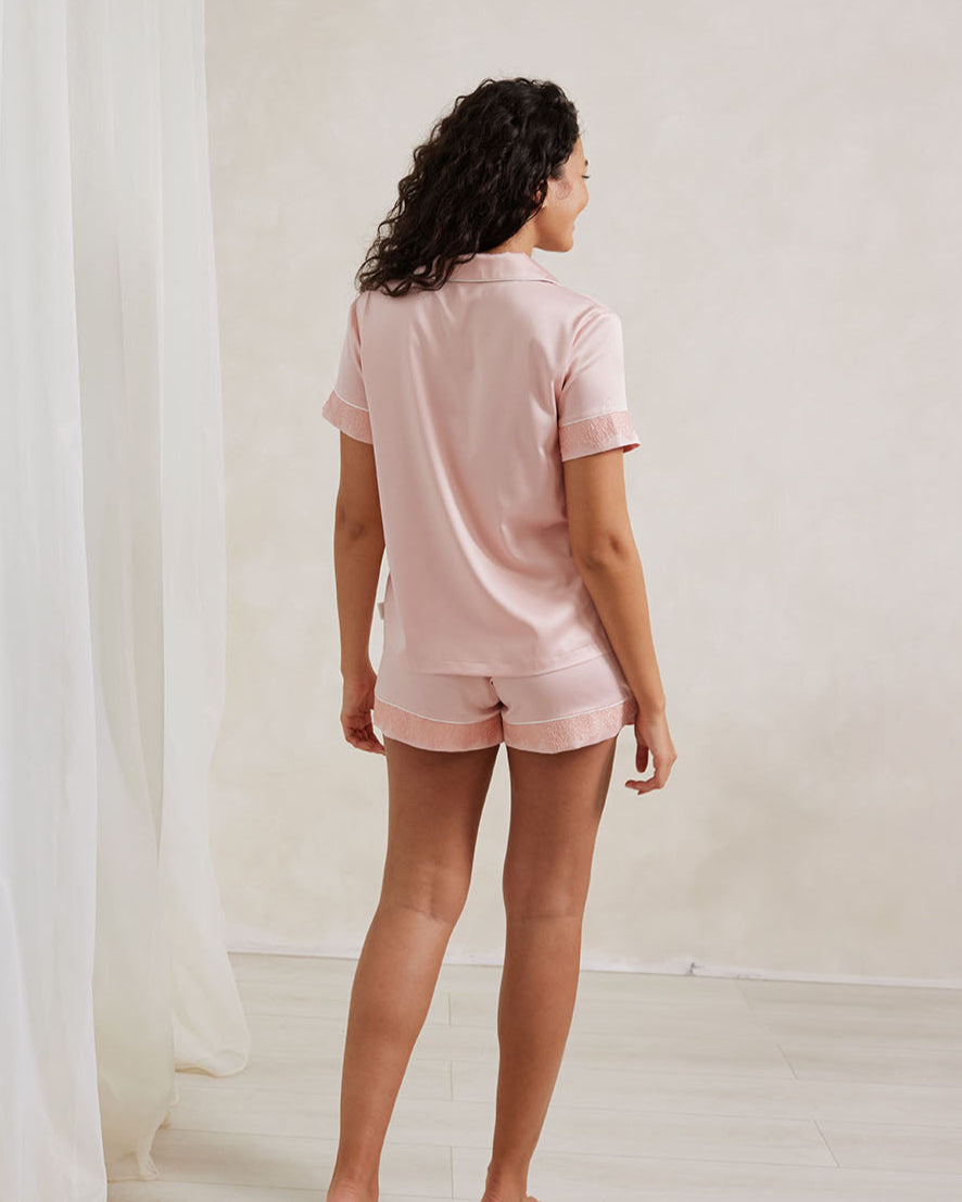 Satin Lace Trim Short Pyjama Set - Blush