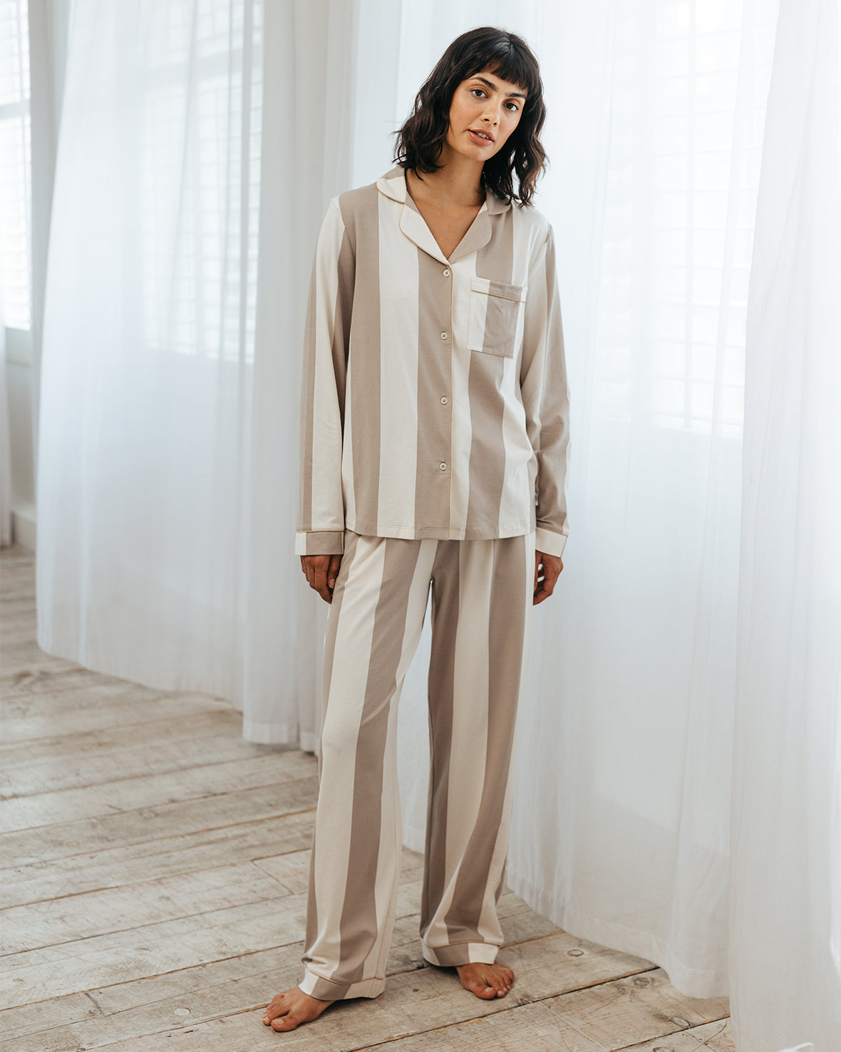 Organic Cotton Stripe Long Pyjama Set Taupe - Main Image