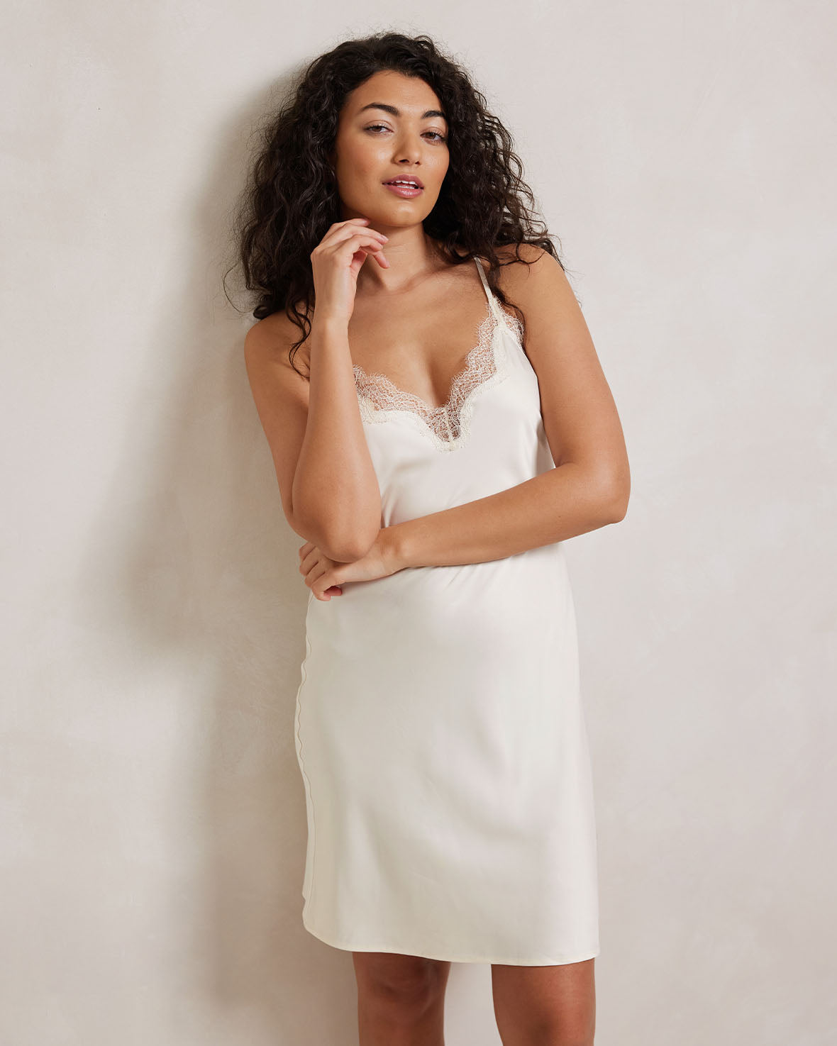 Satin Lace Trim Slip Nightdress - Ivory