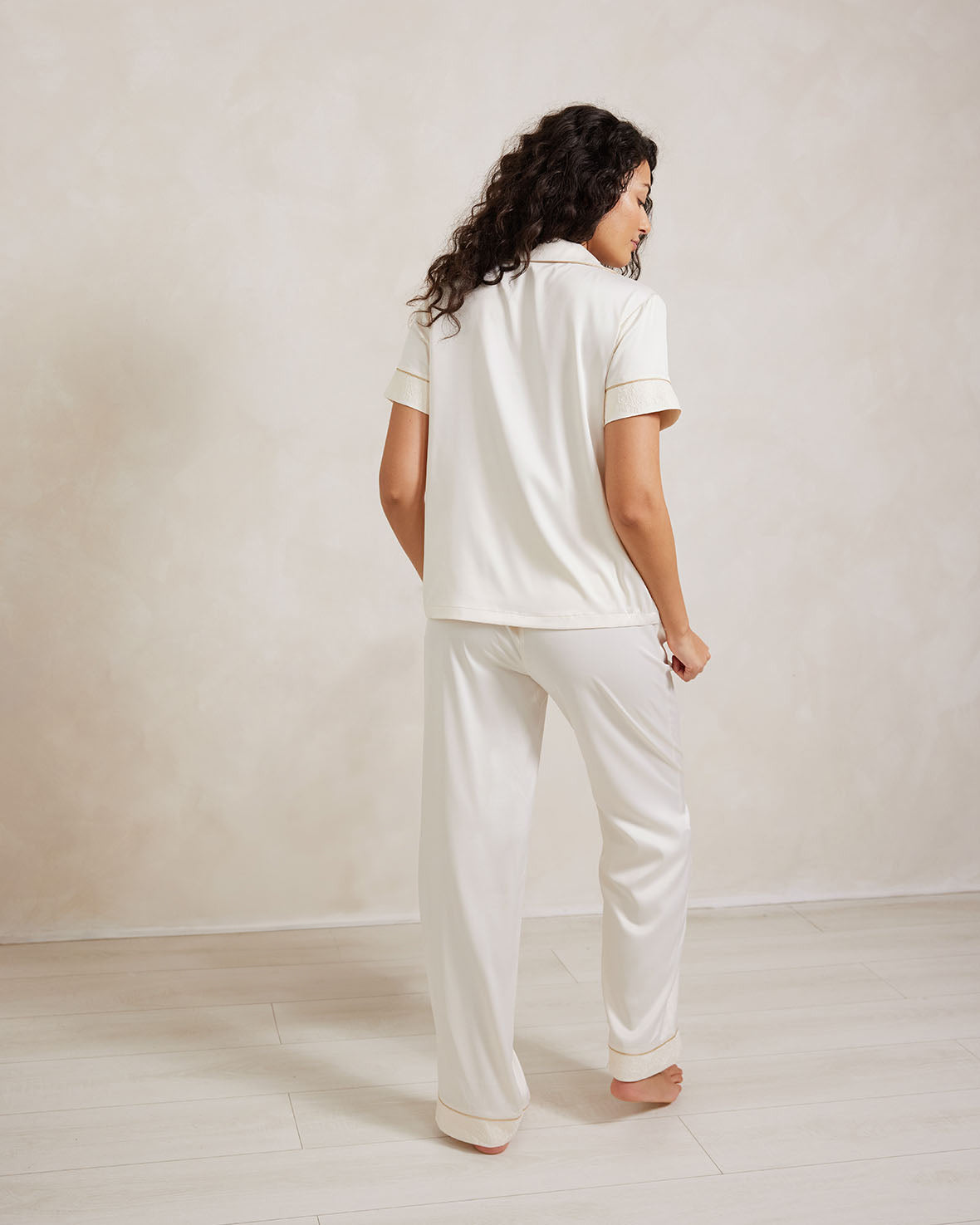 Satin Lace Trim Short Sleeve Long Pyjama Set - Ivory