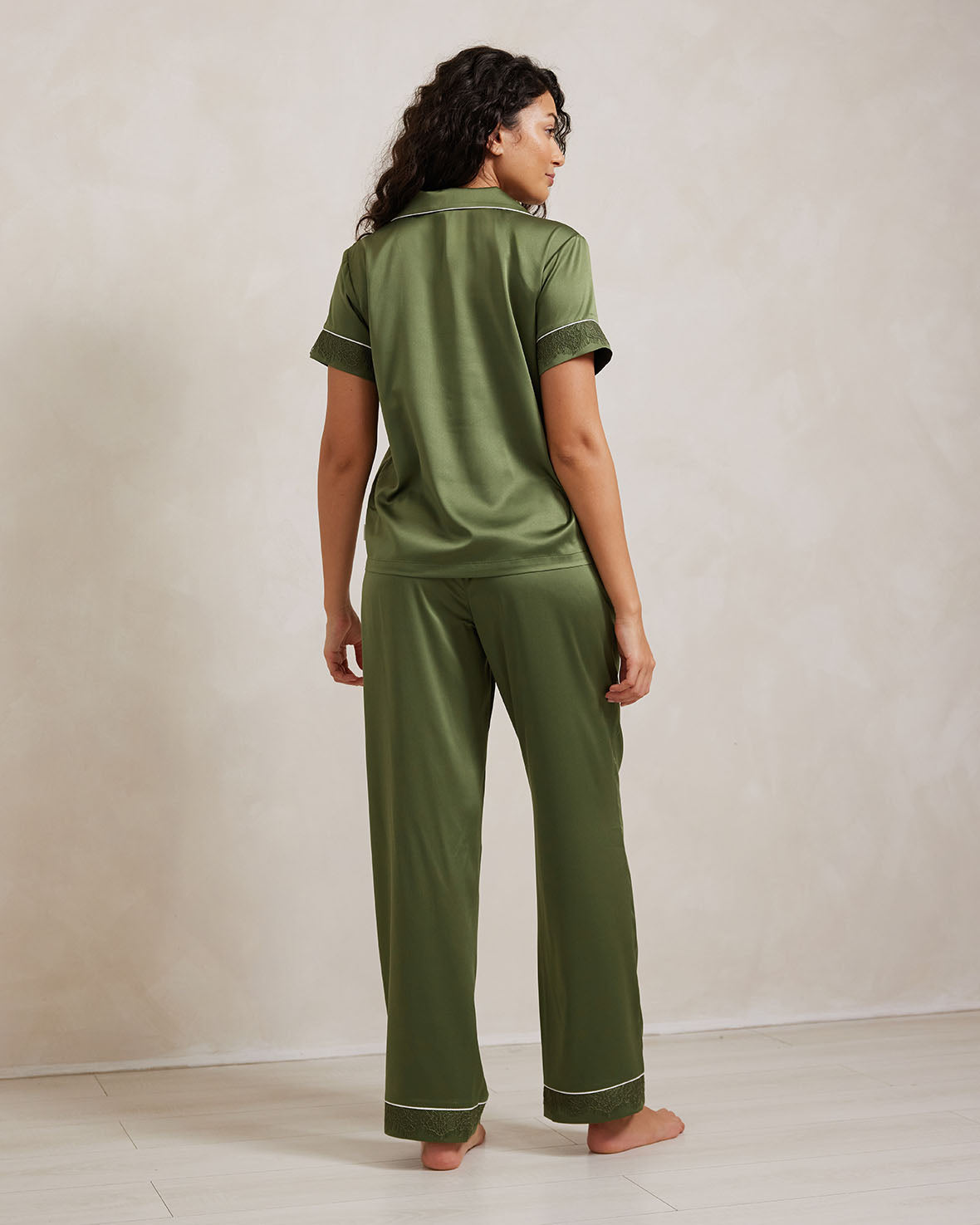 Satin Lace Trim Short Sleeve Long Pyjama Set - Forest