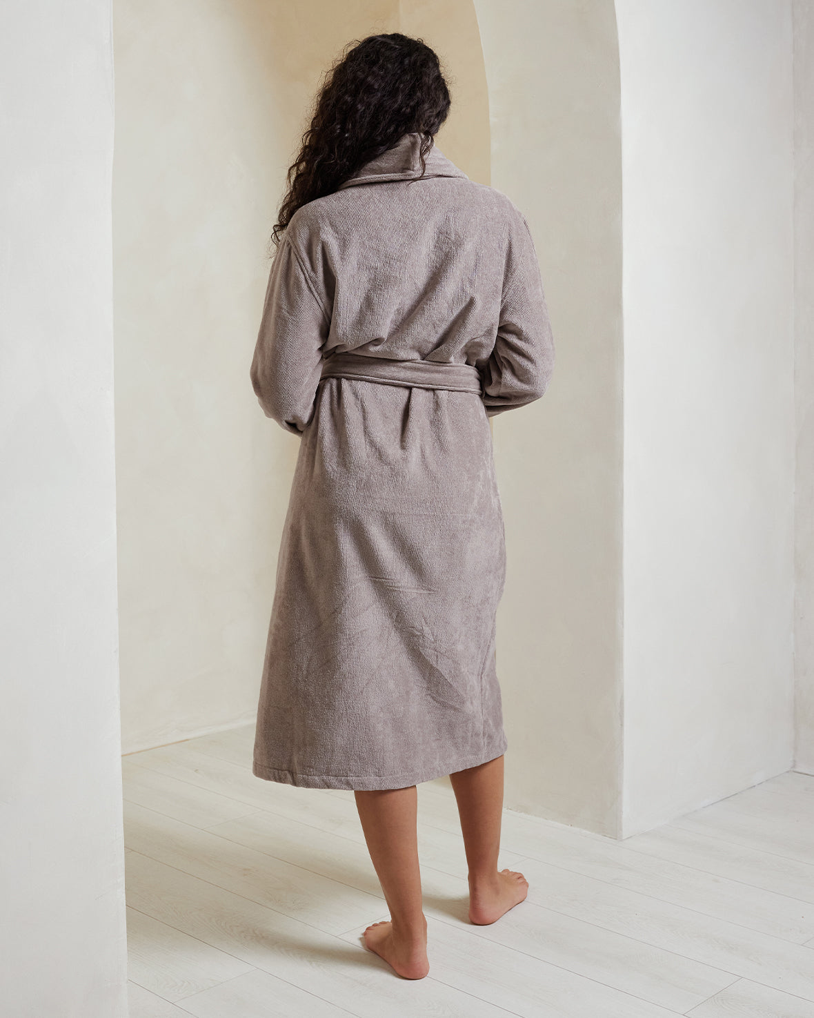 Cotton Towelling Dressing Gown - Grey Beige