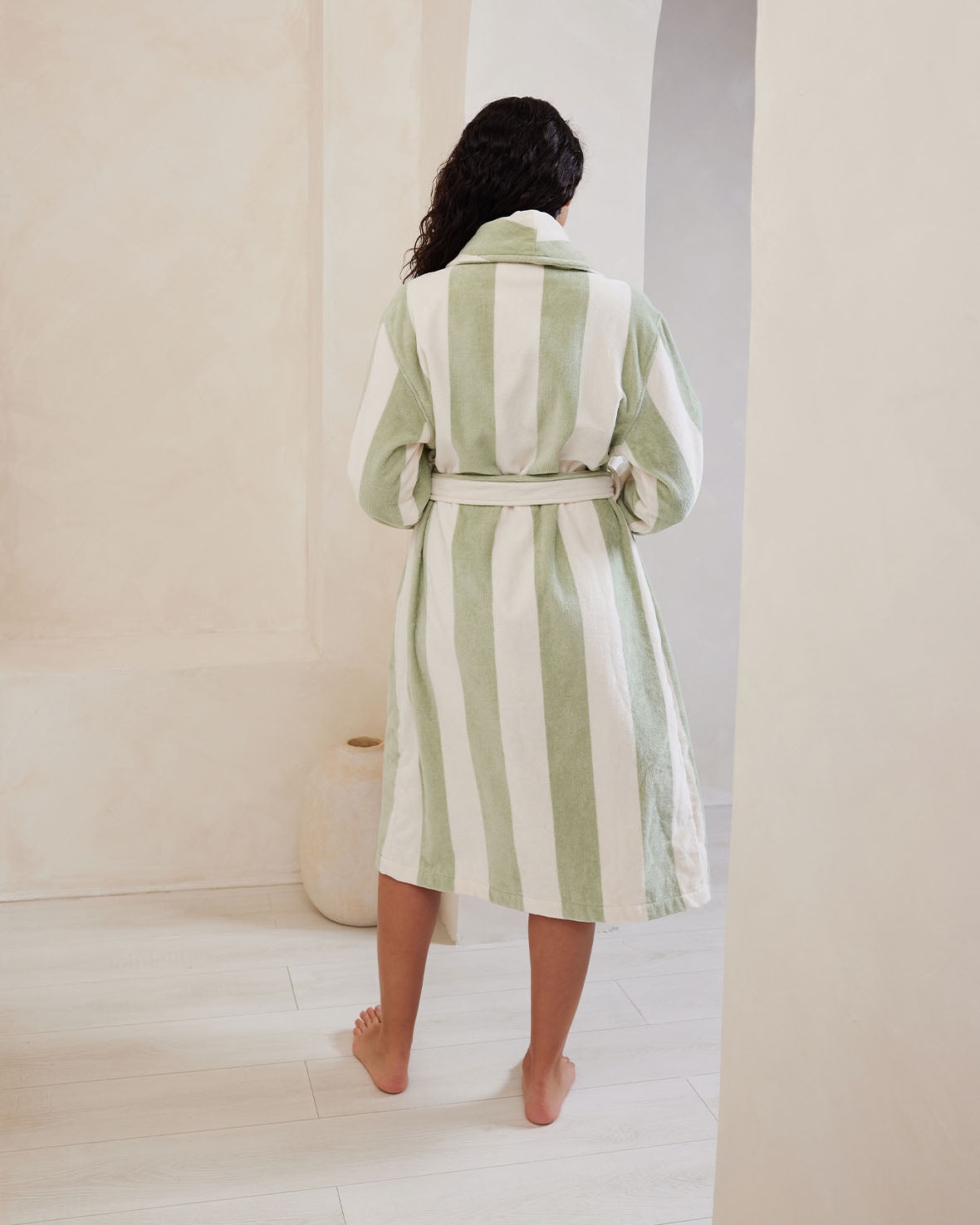 Cotton Towelling Stripe Dressing Gown - Green