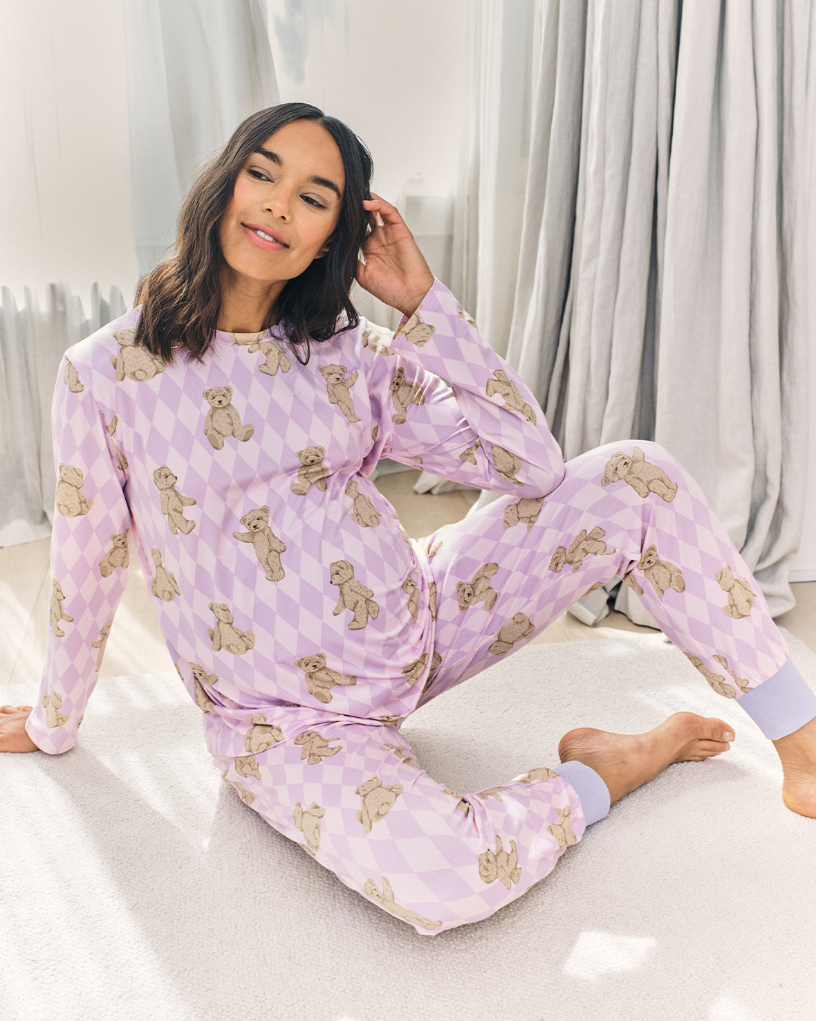 Maternity Argyle Bear Long Pyjama Set - Lilac