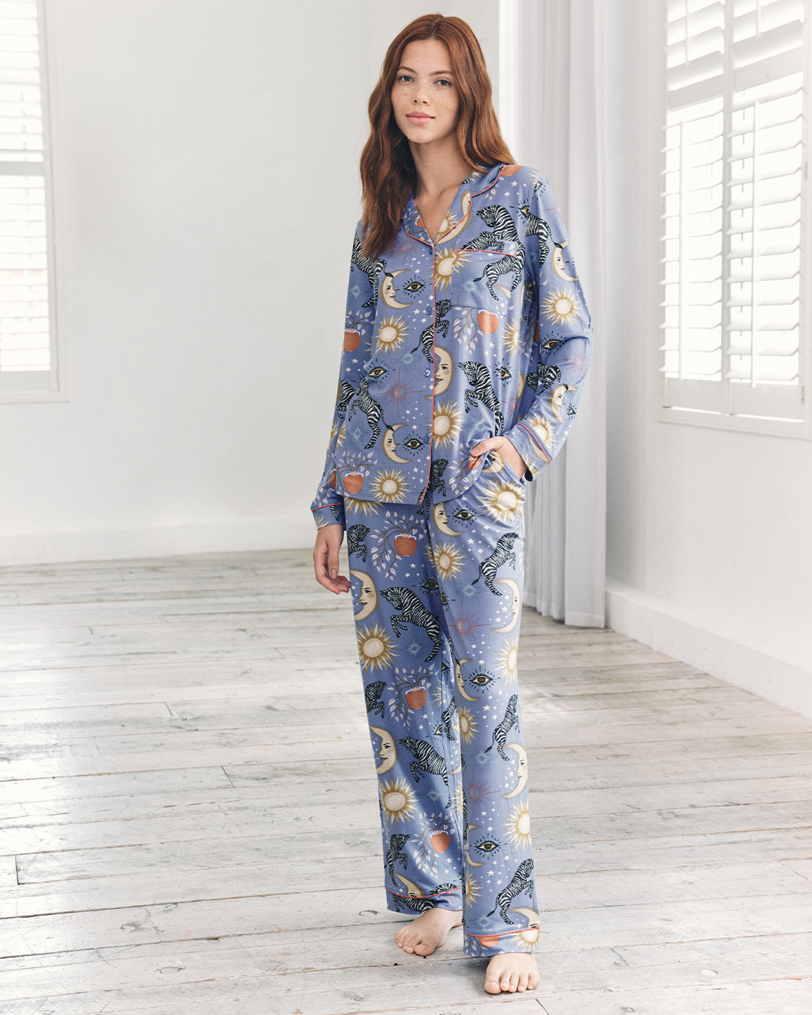 Celestial Zebra Print Button-Up Long Pyjama Set Lilac – Chelsea