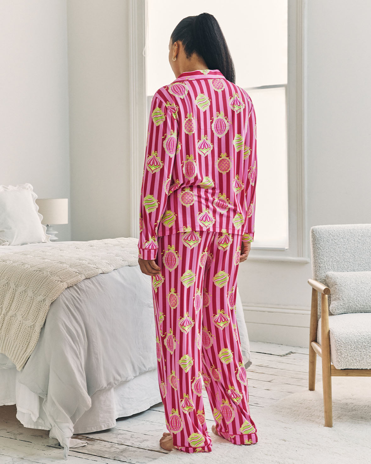 Christmas Baubles Stripe Print Long Pyjama Set