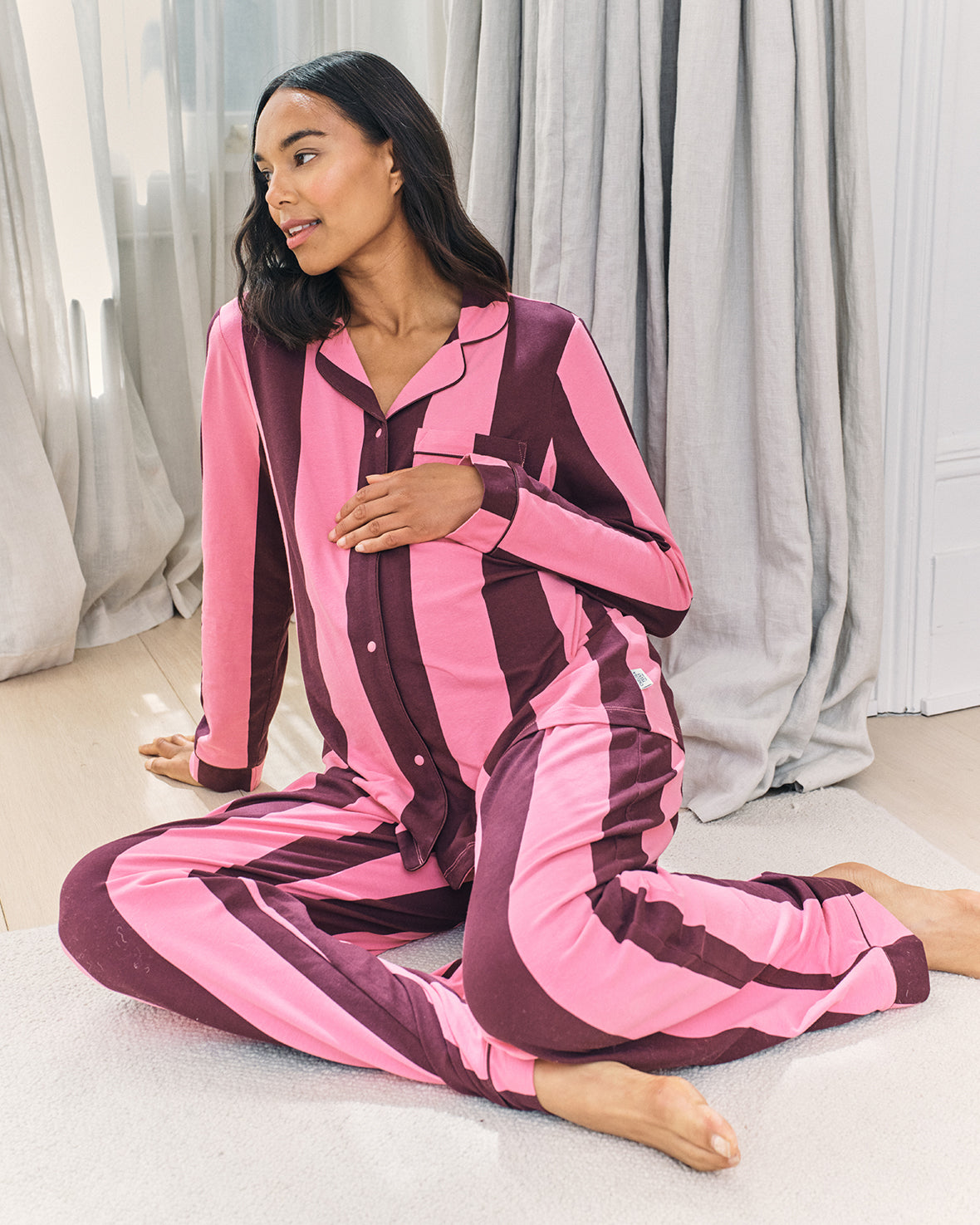 Maternity Organic Cotton Stripe Long Pyjama Set - Pink