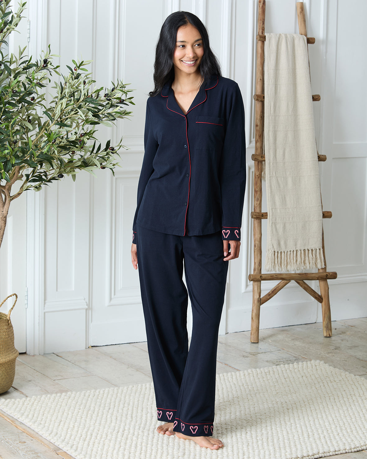 Organic Cotton Embroidered Christmas Candy Cane Heart Pyjama Set