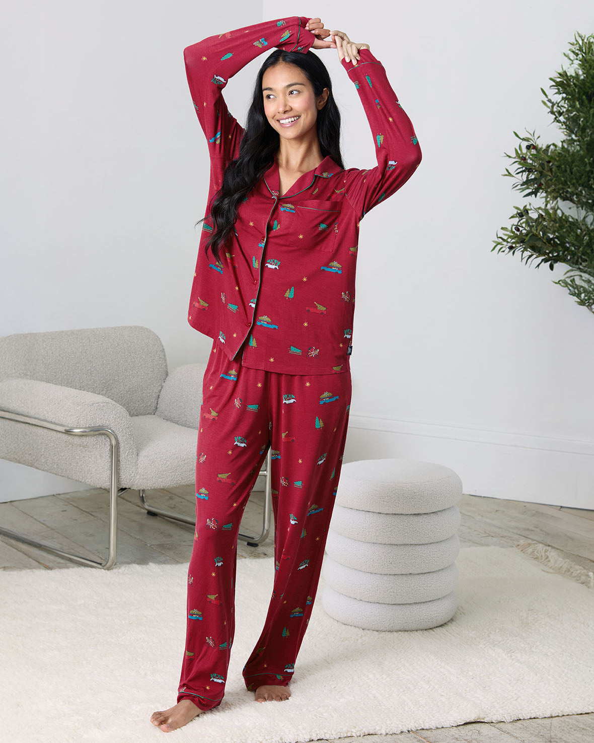 TENCEL™ Modal Christmas Tree Car Print Long Button Up Pyjama Set