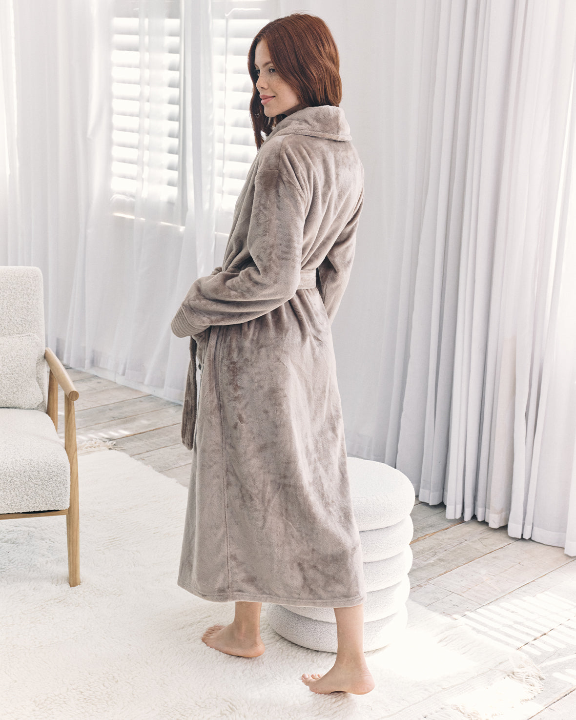 Fleece Long Dressing Gown - Beige