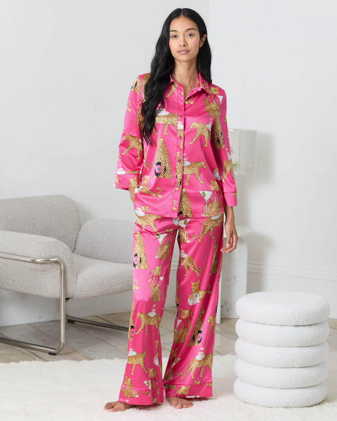 Satin Cocktail Hour Leopard Print Long Pyjama Set