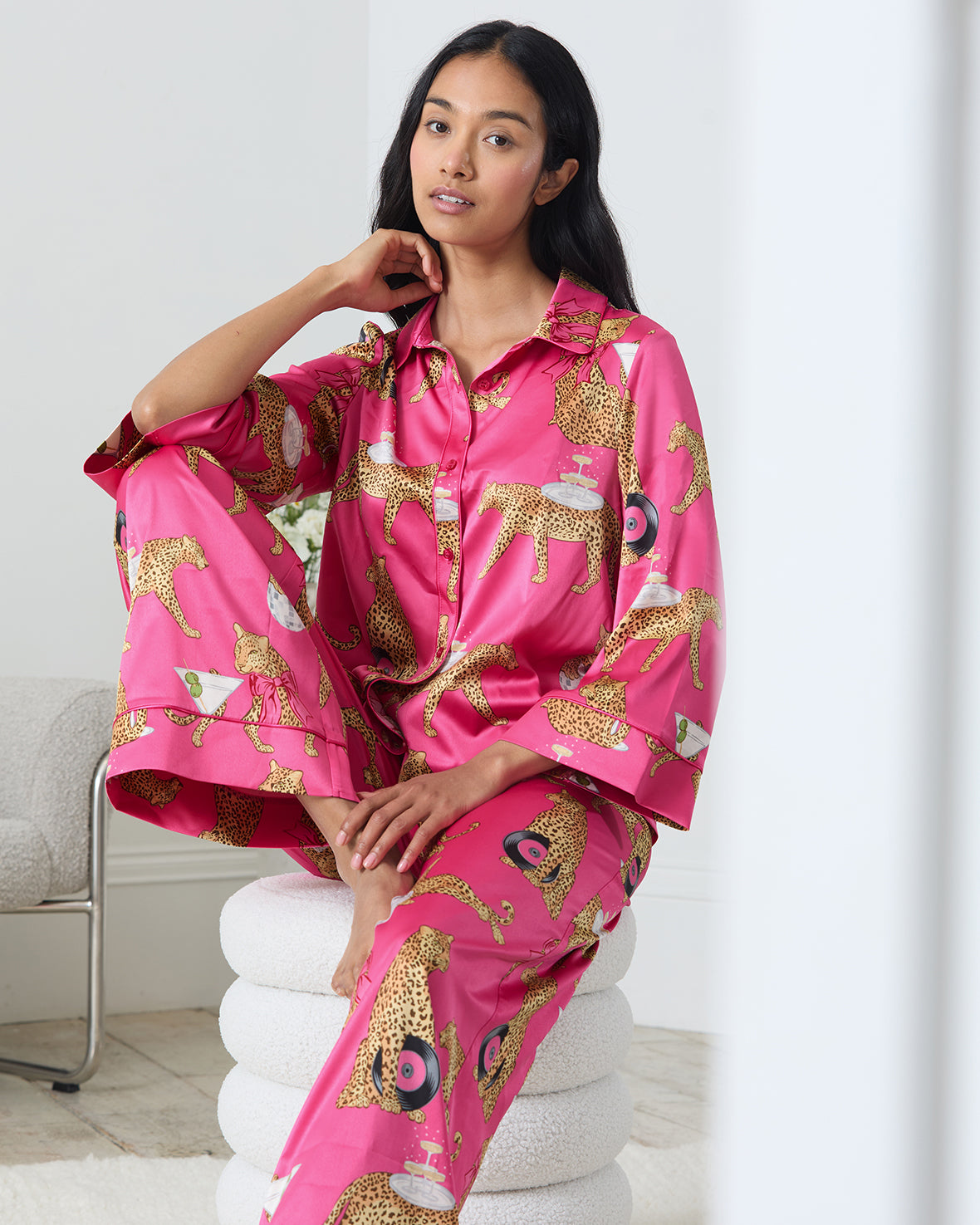 Satin Cocktail Hour Leopard Print Long Pyjama Set