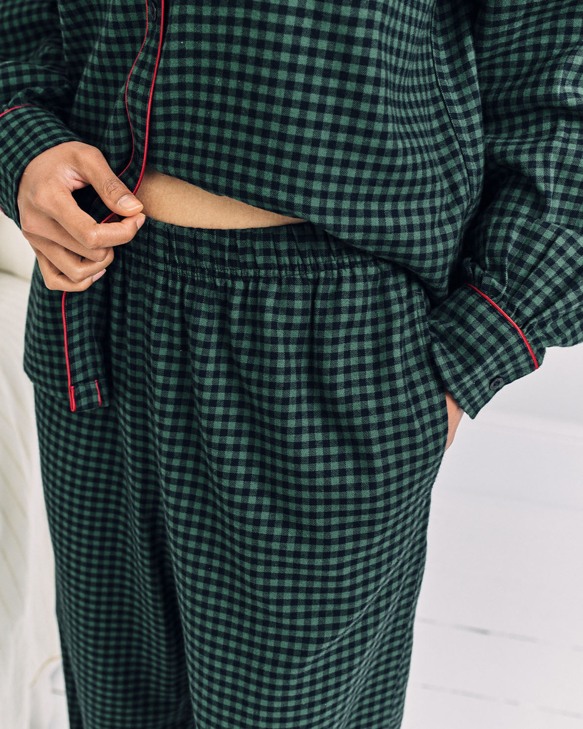 Organic Cotton Embroidered Skiing Chip the Cockapoo Gingham Long Pyjama Set - Green