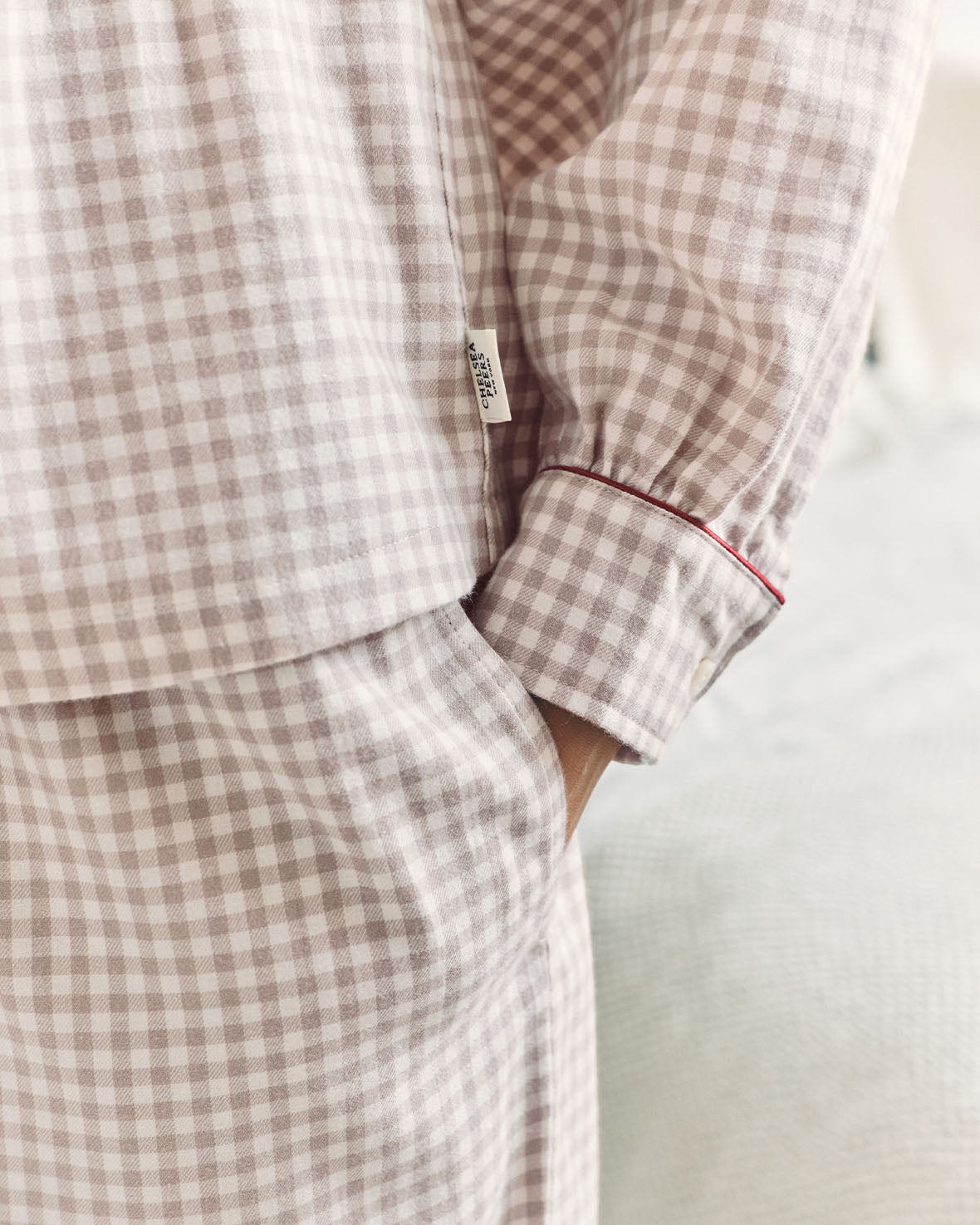 Organic Cotton Embroidered Peers the Bear Gingham Long Pyjama Set - Beige