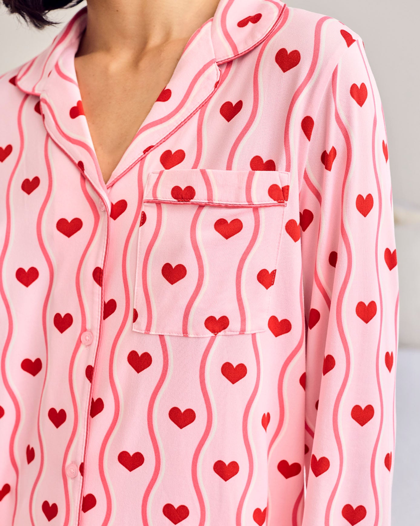Wavy Stripe Heart Print Long Pyjama Set