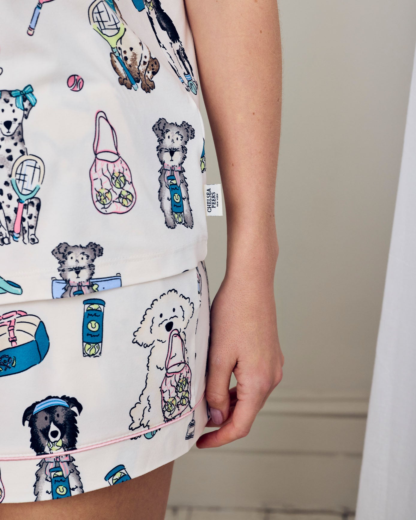 Tennis Dogs Print Button Up Short Pyjama Set - Cream