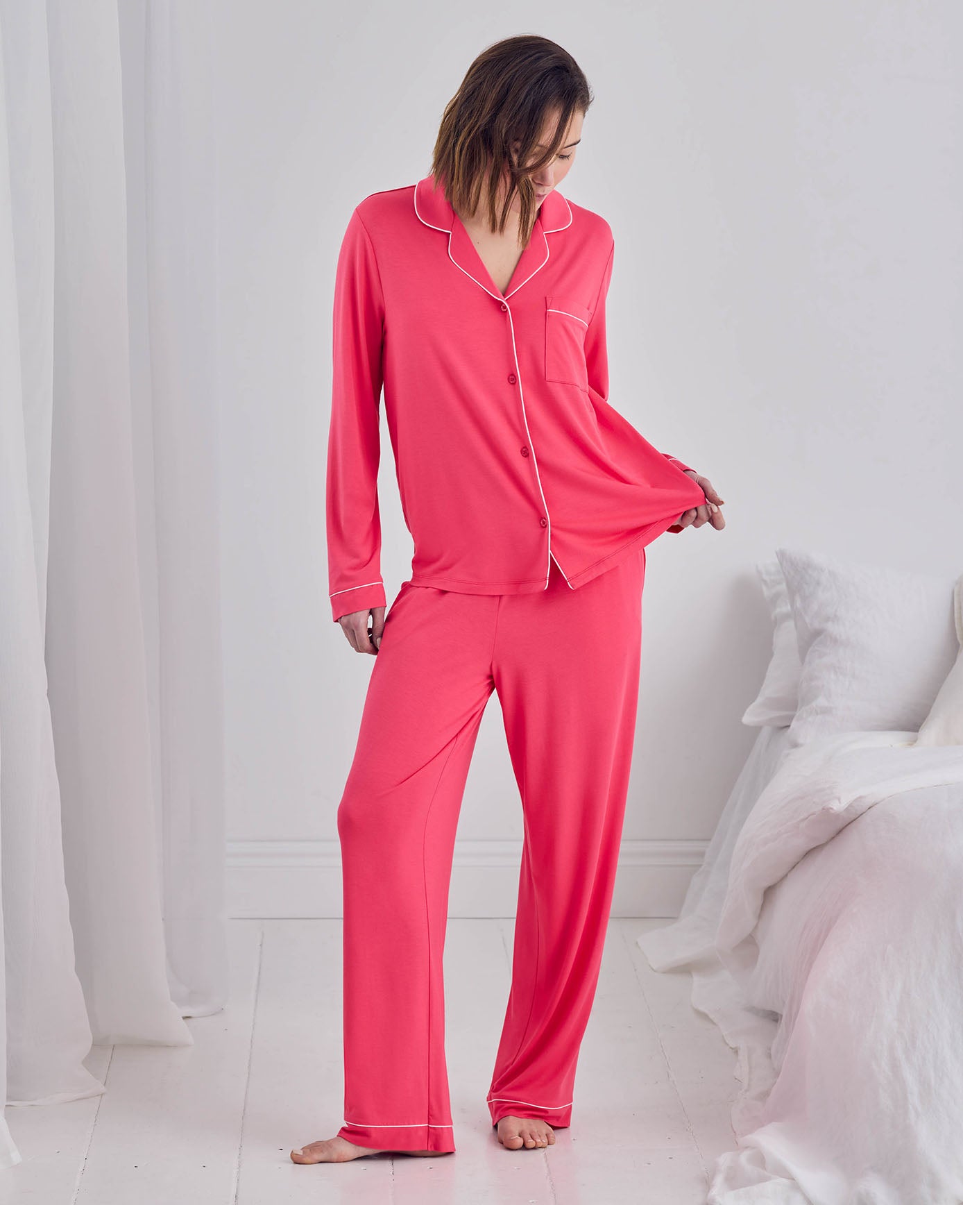 TENCEL™ Modal Long Button Up Pyjama Set - Hot Pink
