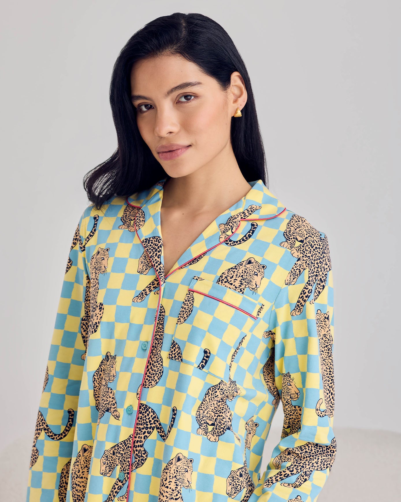 Organic Cotton Checkerboard Leopards Print Button-Up Nightshirt