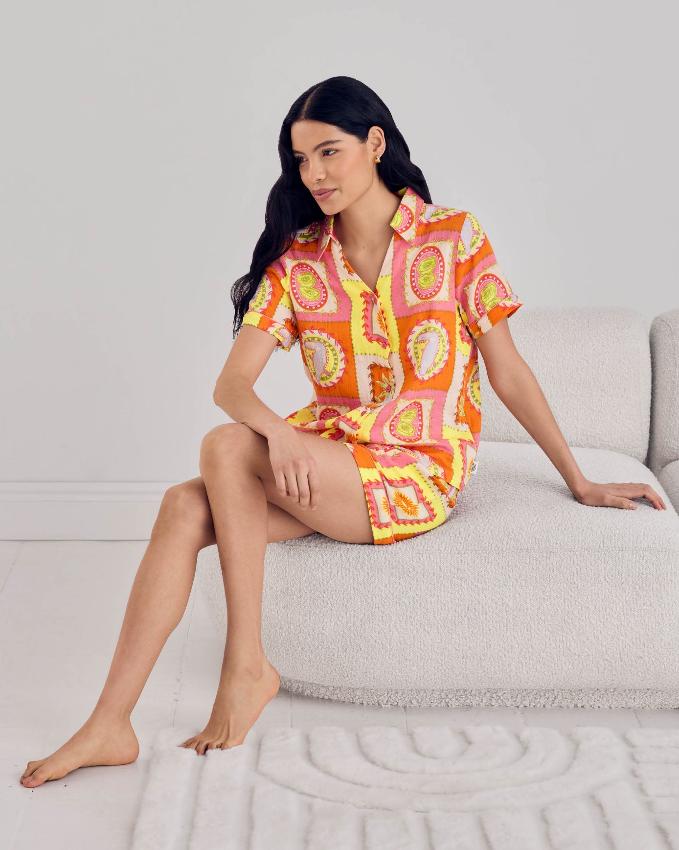 Linen Blend Tropical Patchwork Print Short Pyjama Set