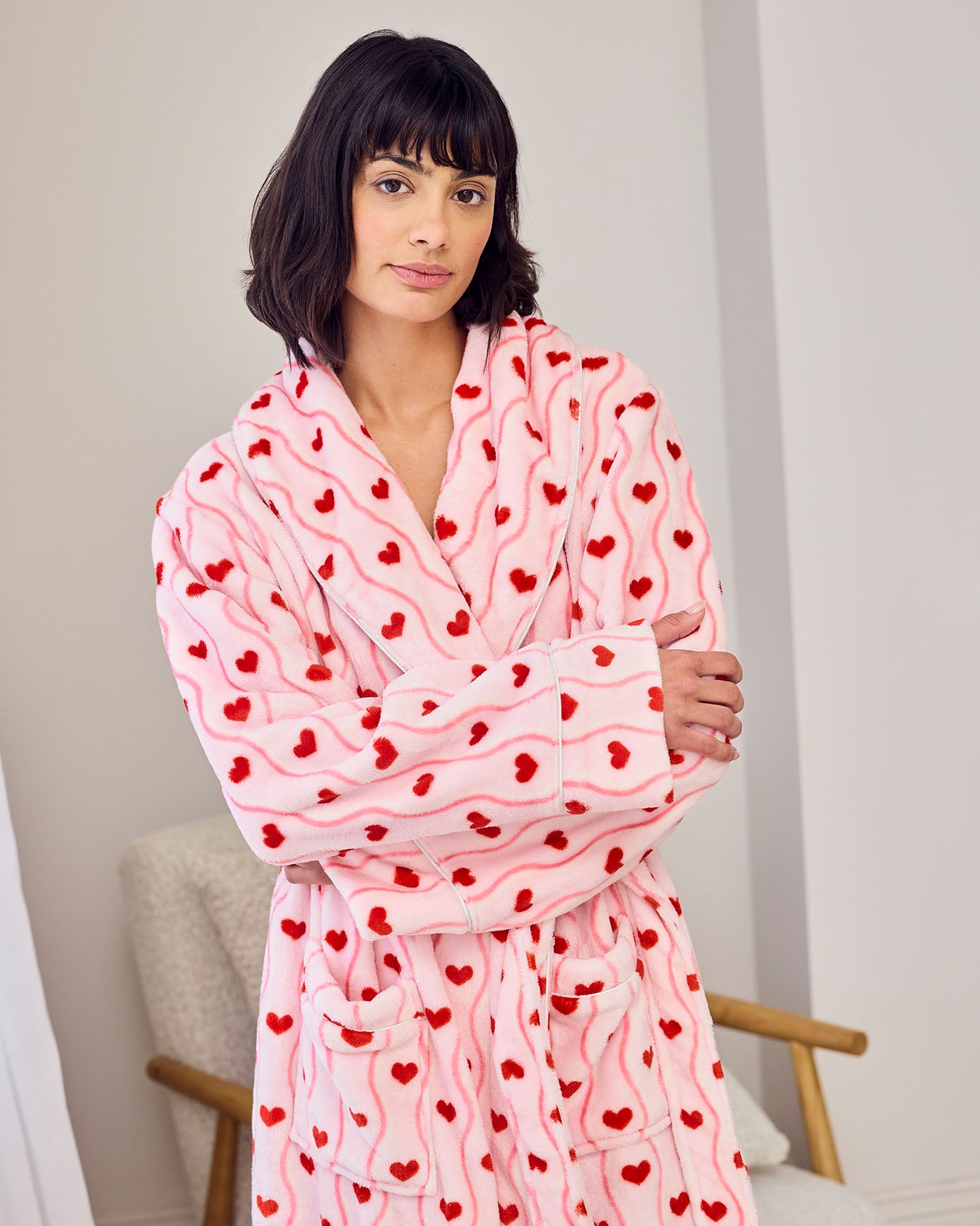 Fleece Wavy Stripe Heart Print Long Dressing Gown