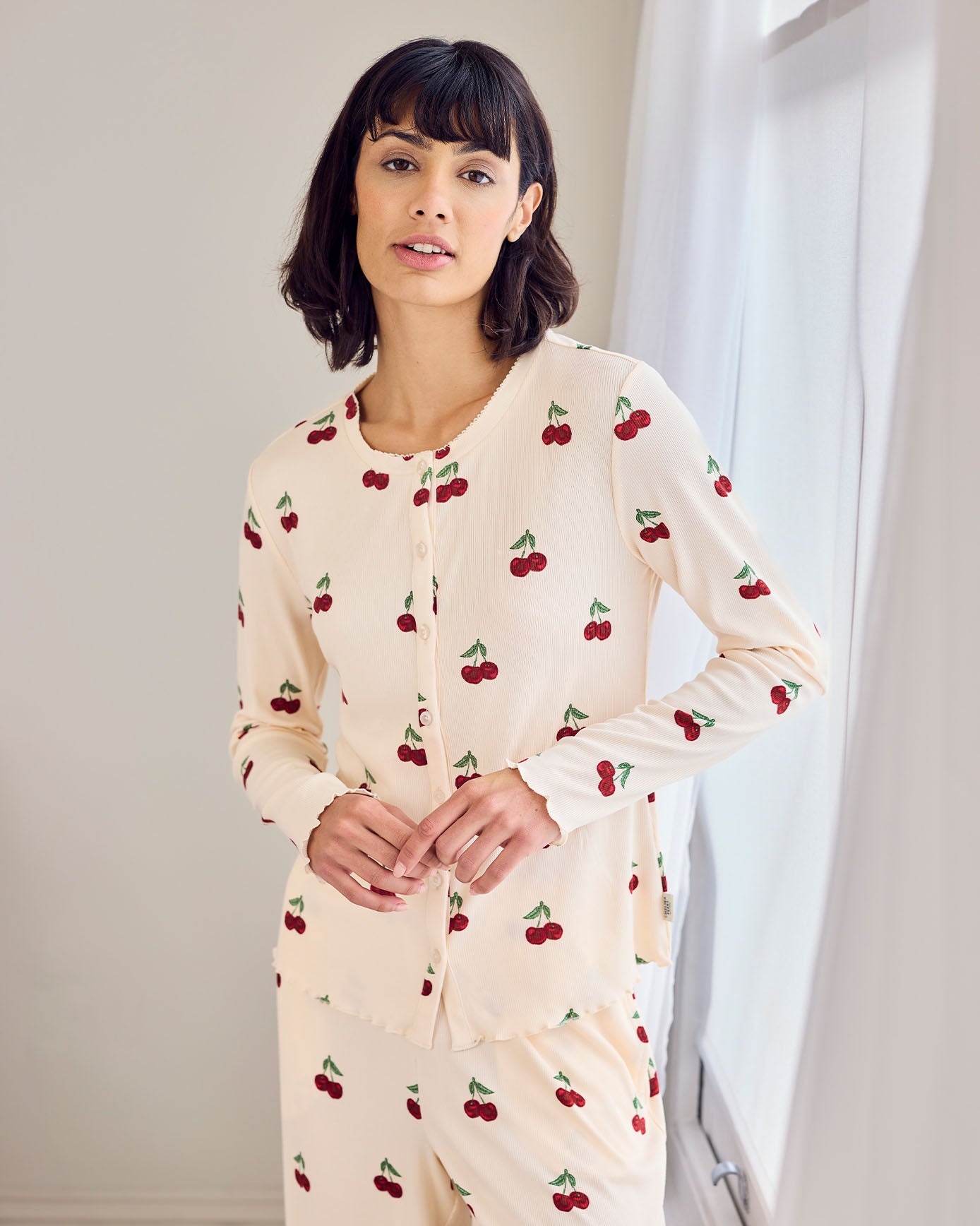 Cherry Print Cardigan Ribbed Long Pyjama Set