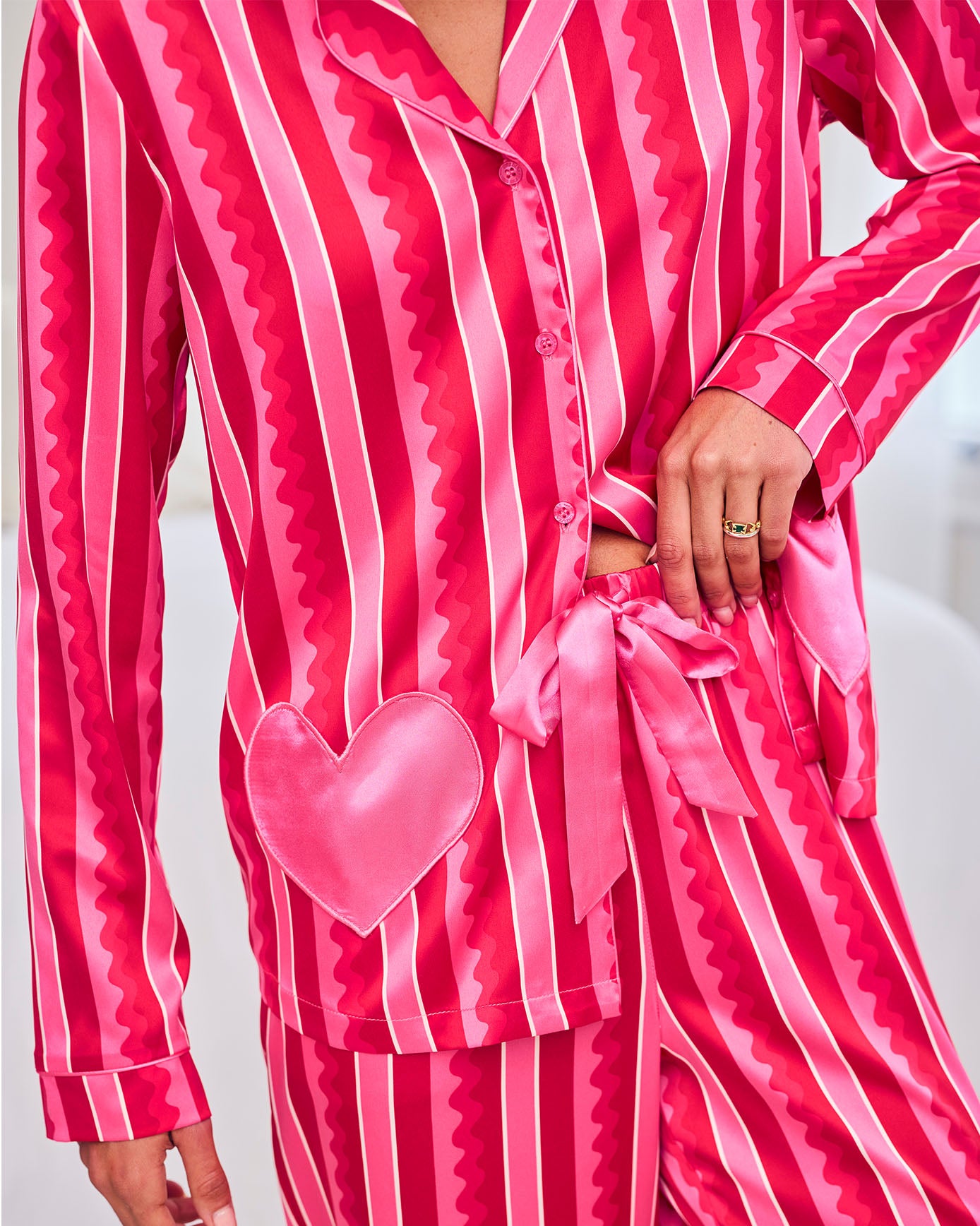 Satin Heart Pocket Striped Long Pyjama Set - Pink
