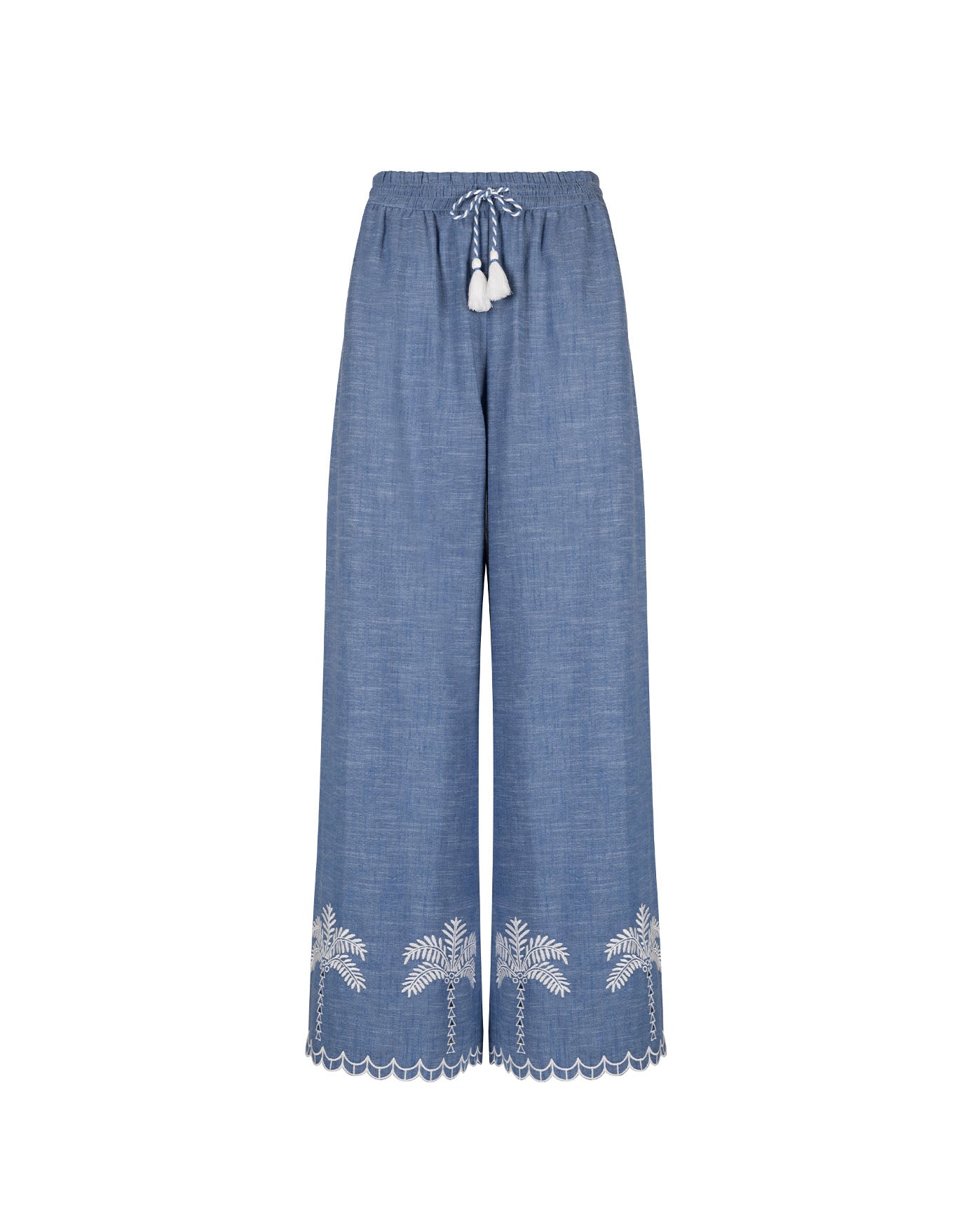 Embroidered Chambray Organic Cotton Scallop Edge Wide Leg Trousers - Blue