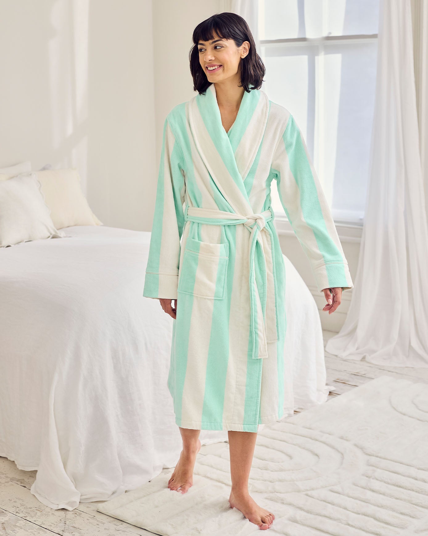Chelsea Peers Cotton Towelling Stripe Dressing Gown - Green - 6-8