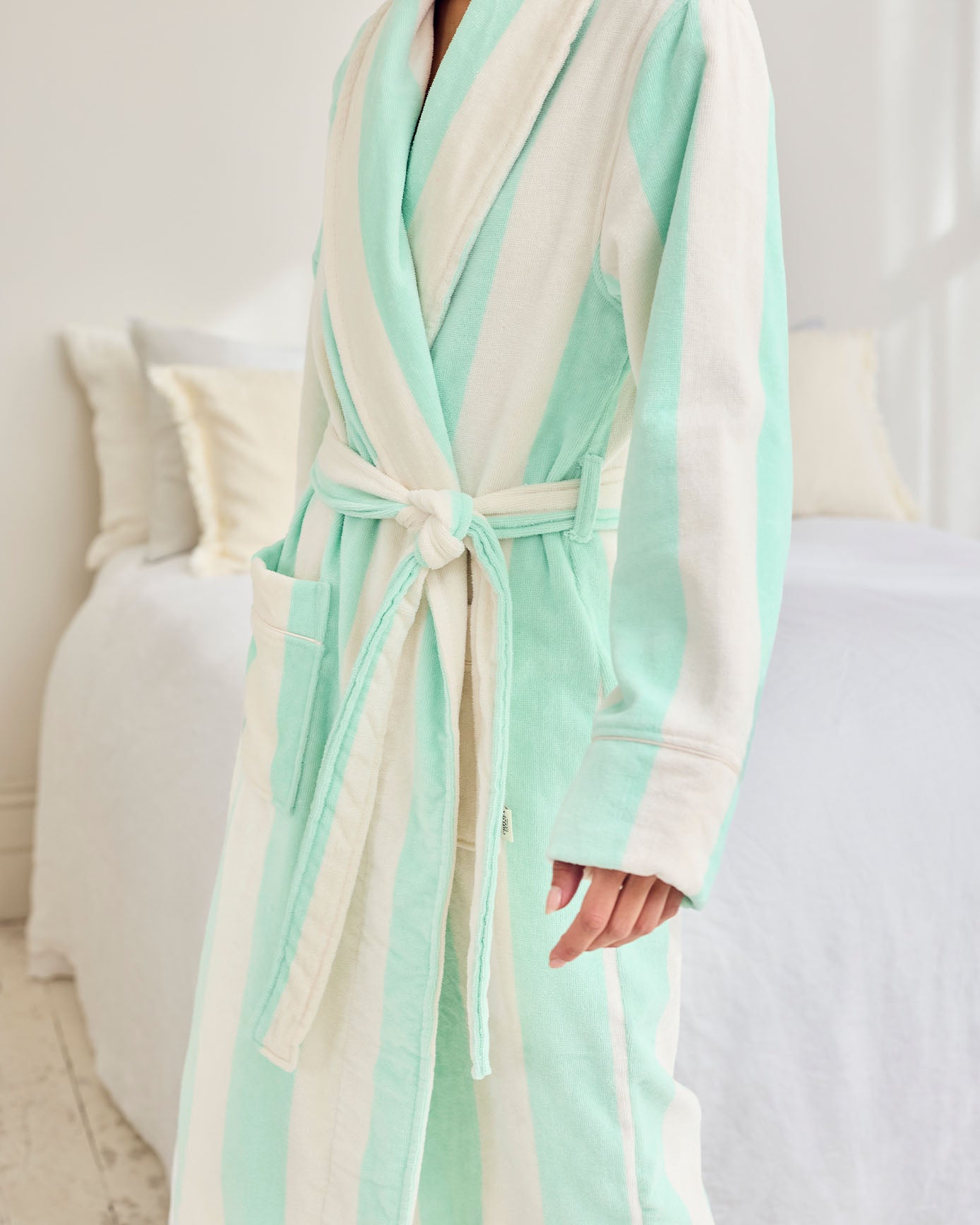 Cotton Towelling Stripe Dressing Gown - Aqua