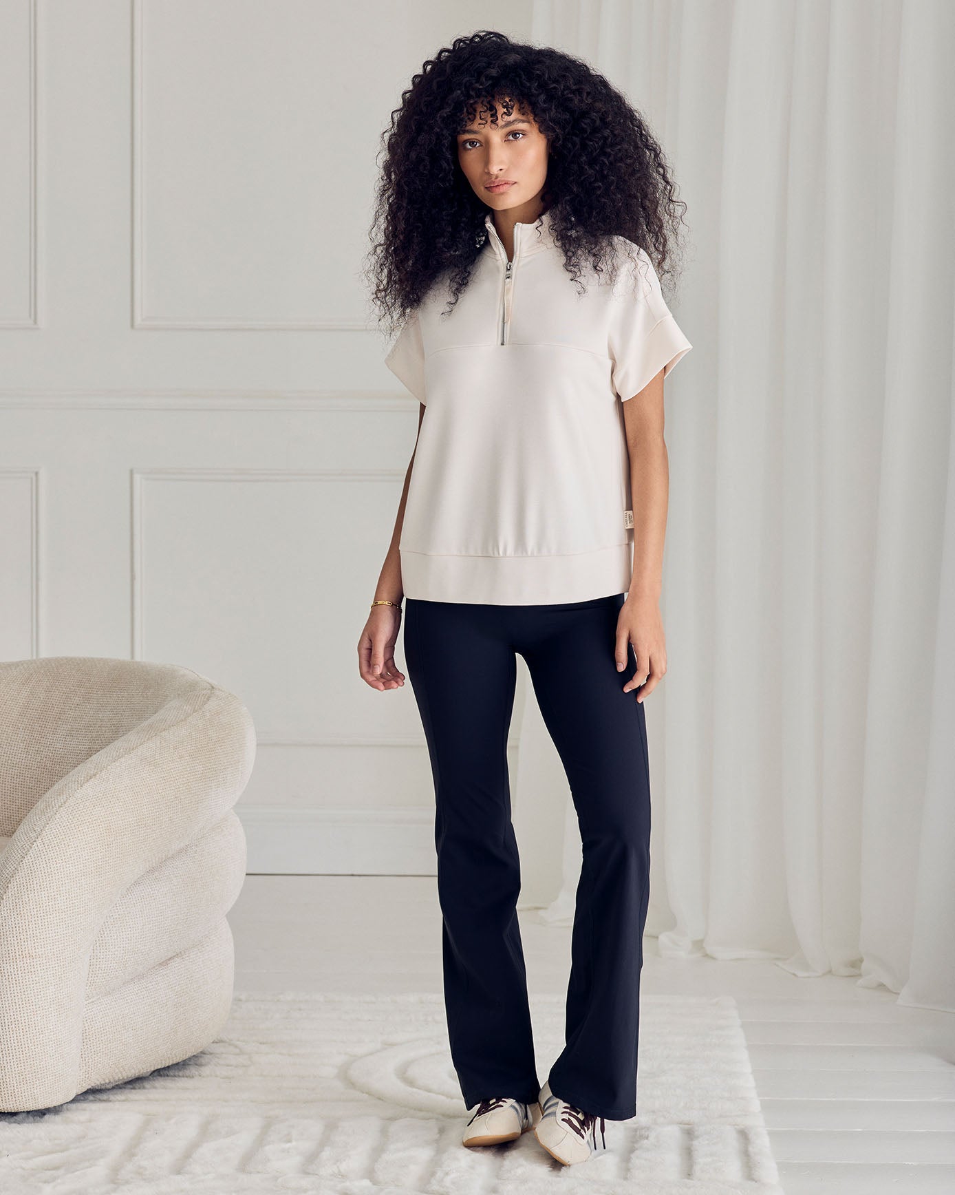 LuxeComfort Scuba Half-Zip Short Sleeve Sweatshirt - Cream