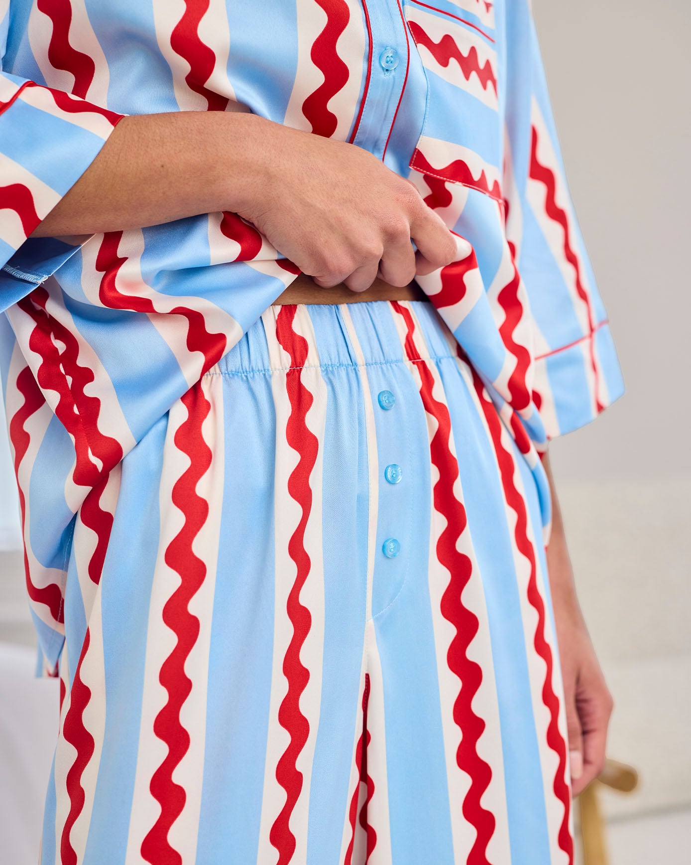 Satin Wavy Stripe Long Pyjama Set - Red, White & Blue