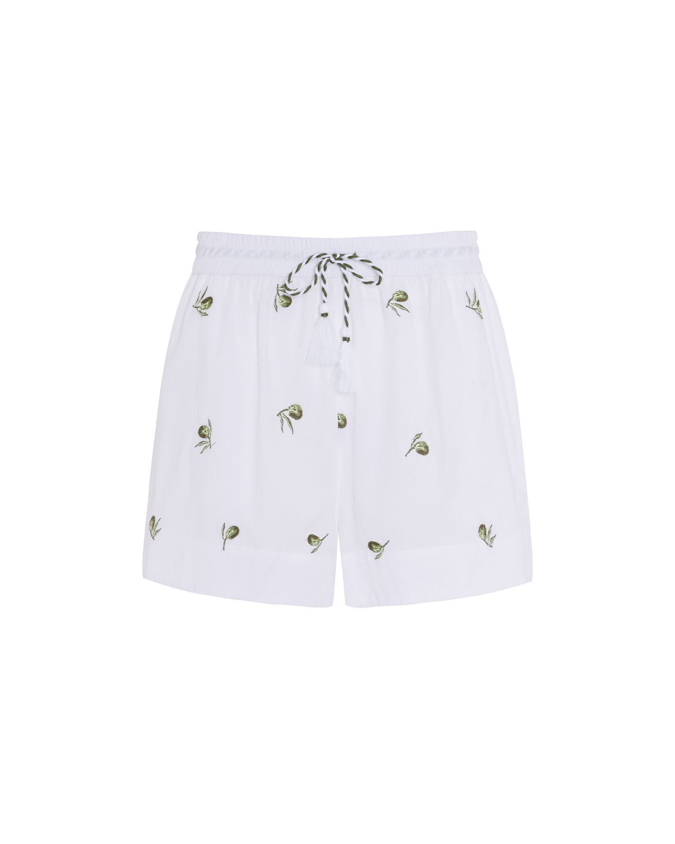 Organic Cotton Poplin Embroidered Olive Print Shorts - White