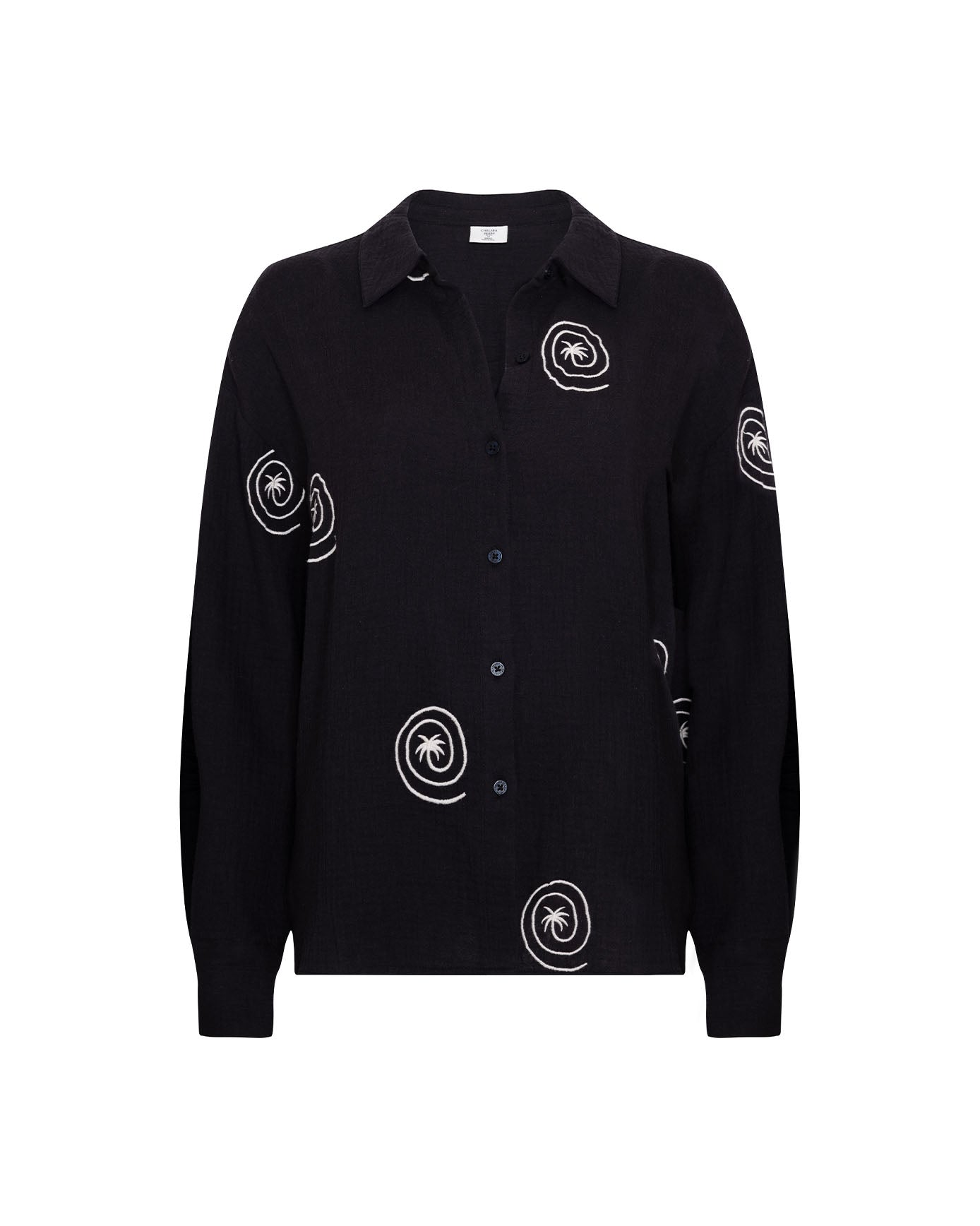 Organic Cotton Cheesecloth Embroidered Palm Loop Long Sleeve Shirt - Black